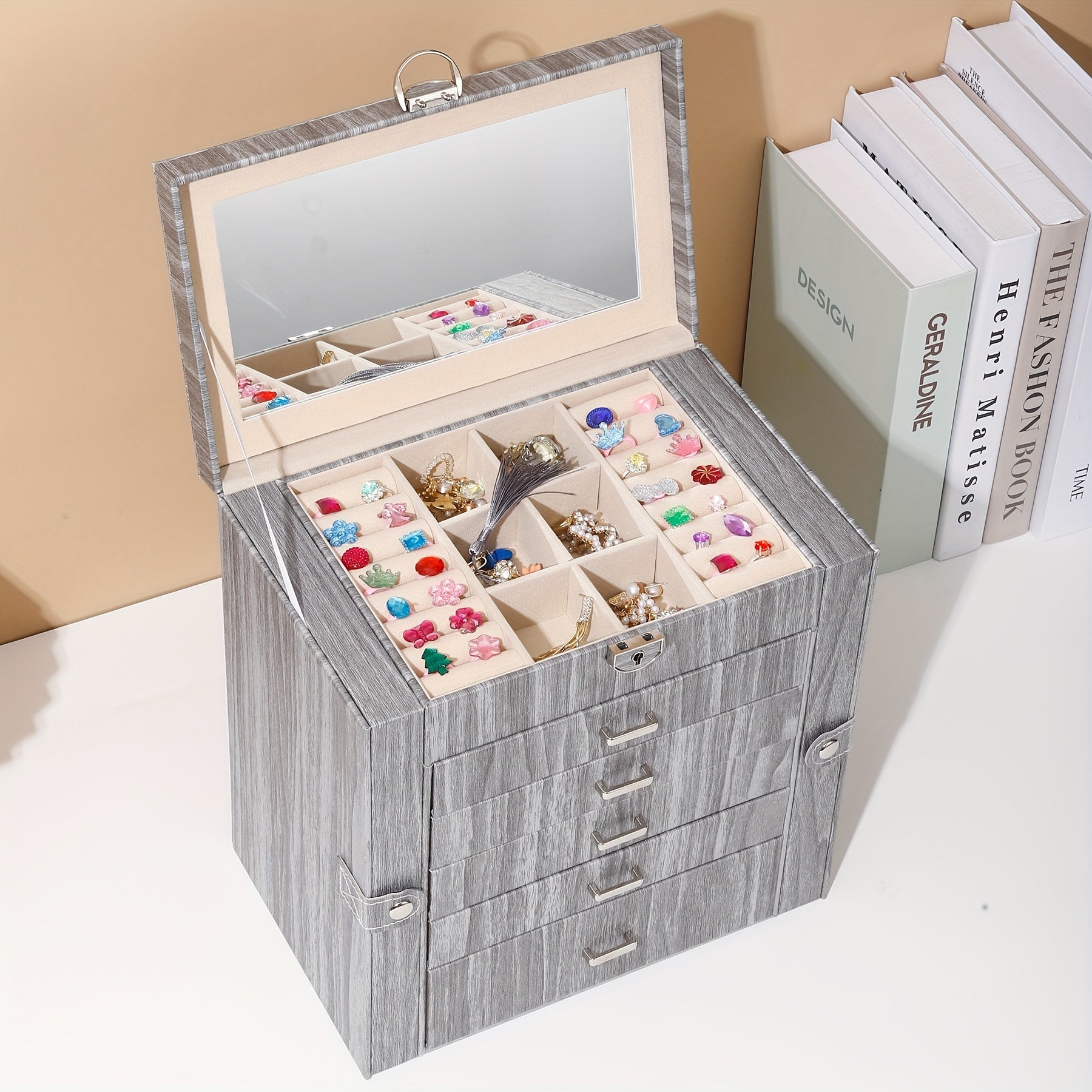 Luxury 6-Layer Faux Leather Jewelry Box with Mirror Lid - Lockable Storage for Watches, Necklaces, Rings & Earrings - Cream Interior, Black Exterior - Perfect Holiday Gift for Thanksgiving, Mother's Day, Graduation, Jewelry Gift Box