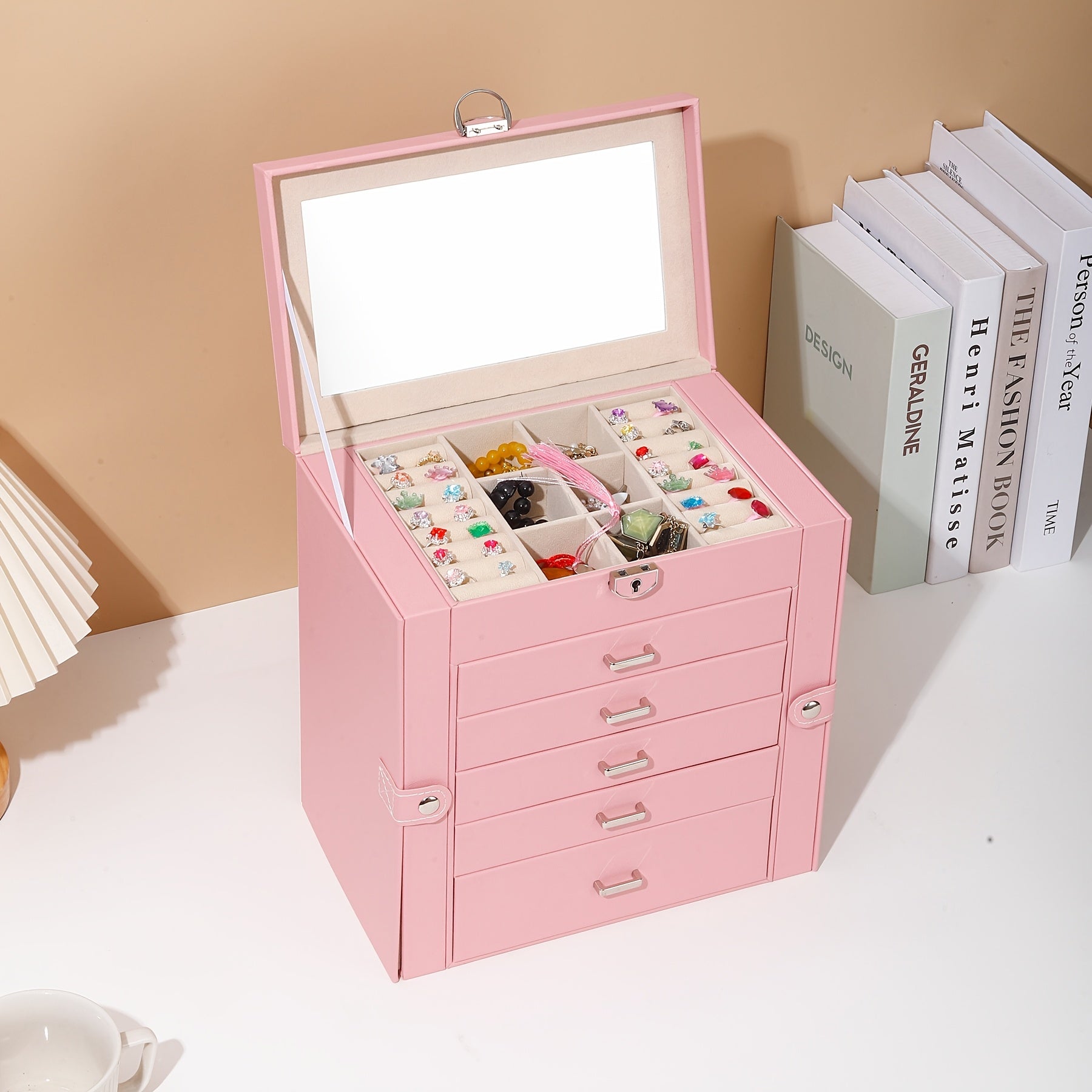 Luxury 6-Layer Faux Leather Jewelry Box with Mirror Lid - Lockable Storage for Watches, Necklaces, Rings & Earrings - Cream Interior, Black Exterior - Perfect Holiday Gift for Thanksgiving, Mother's Day, Graduation, Jewelry Gift Box