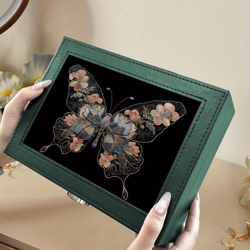 1pc Vintage-Style Embroidered Butterfly Jewelry Organizer Box - Faux Leather, Multi-Compartment Storage for Earrings, Rings, Necklaces - Ideal Gift for Mother'S Day, Valentine's, Christmas, Thanksgiving, Butterfly Jewelry, Jewelry Boxes