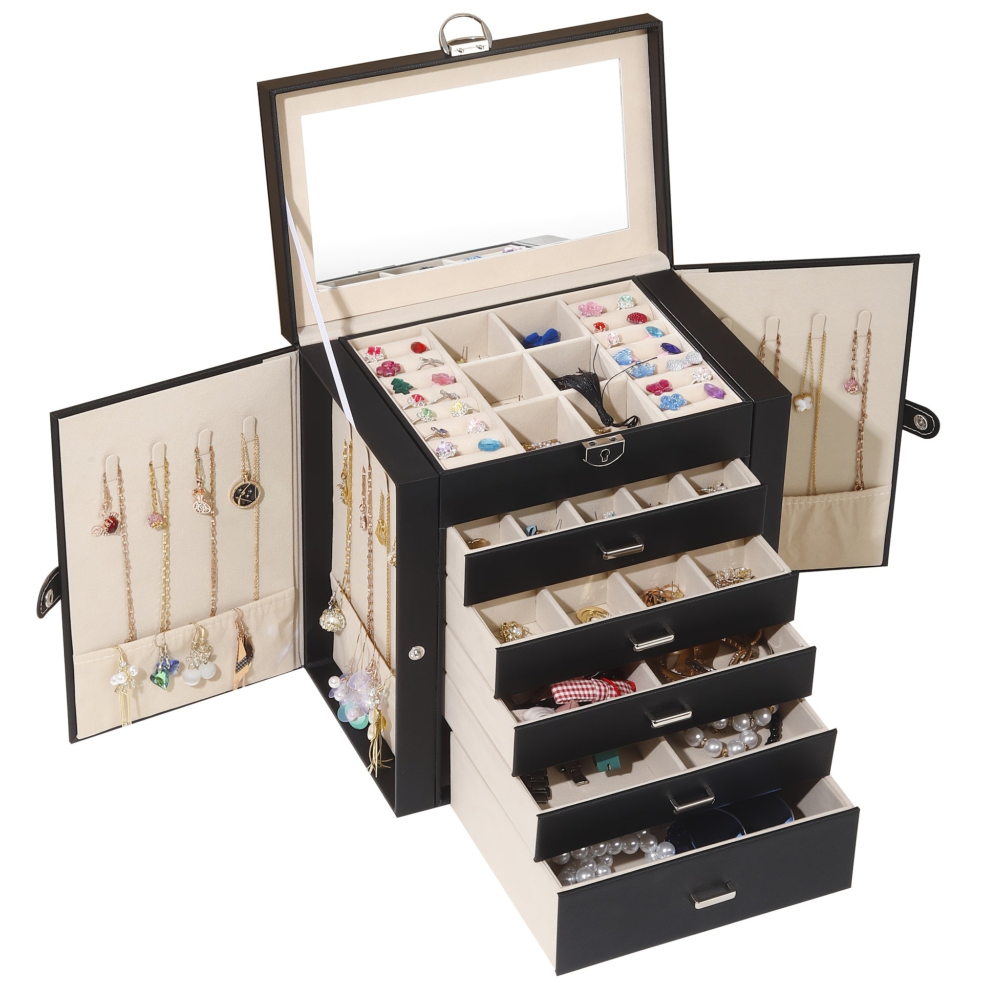 Luxury 6-Layer Faux Leather Jewelry Box with Mirror Lid - Lockable Storage for Watches, Necklaces, Rings & Earrings - Cream Interior, Black Exterior - Perfect Holiday Gift for Thanksgiving, Mother's Day, Graduation, Jewelry Gift Box