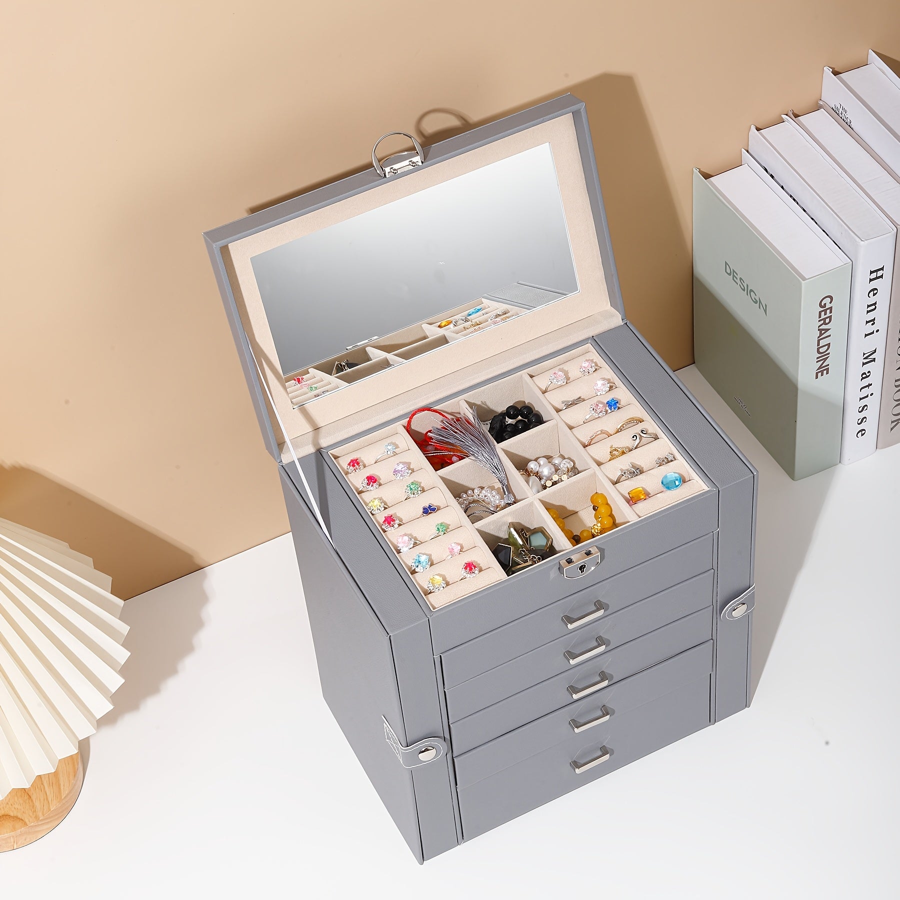 Luxury 6-Layer Faux Leather Jewelry Box with Mirror Lid - Lockable Storage for Watches, Necklaces, Rings & Earrings - Cream Interior, Black Exterior - Perfect Holiday Gift for Thanksgiving, Mother's Day, Graduation, Jewelry Gift Box