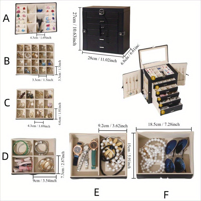 Luxury 6-Layer Faux Leather Jewelry Box with Mirror Lid - Lockable Storage for Watches, Necklaces, Rings & Earrings - Cream Interior, Black Exterior - Perfect Holiday Gift for Thanksgiving, Mother's Day, Graduation, Jewelry Gift Box