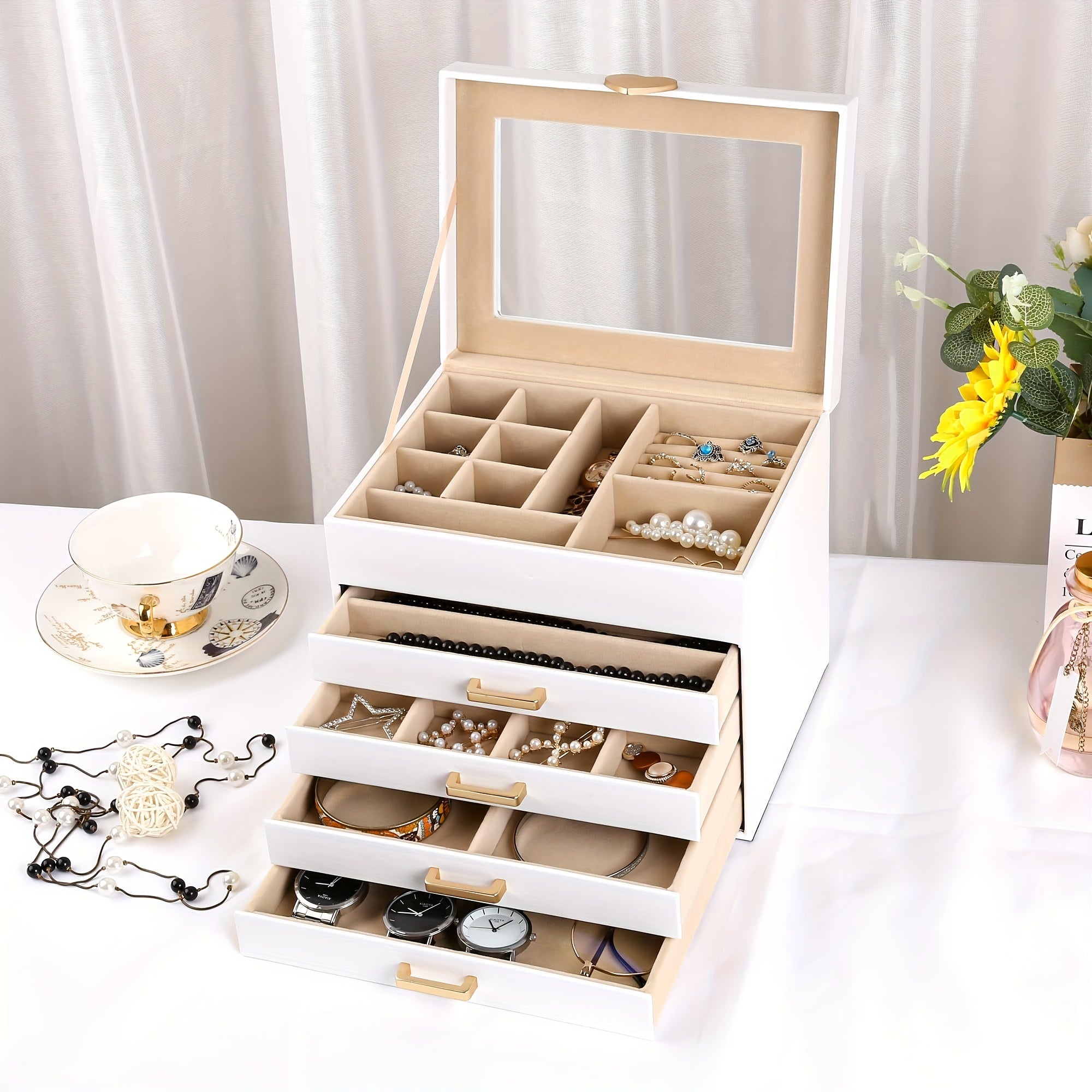 5-Layer Jewelry Organizer Box with Glass Lid & Heart-Shaped PU Leather - White & Golden Contemporary Desktop Storage Case with Soft Lining, Multi-Drawer Organizer for Necklaces, Earrings, Rings, Bracelets - Elegant Gift for s & Women (No Assembly