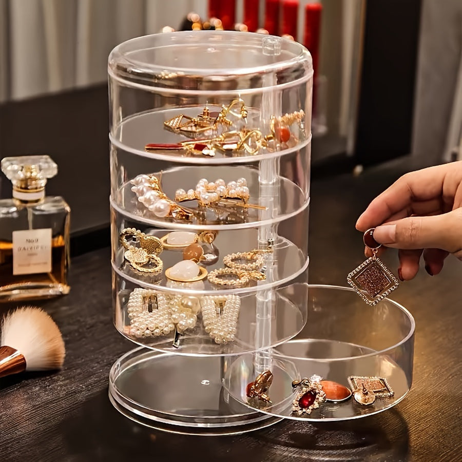 1pc Large-Capacity 5-Layer Rotating Jewelry Organizer Box with Dust-Proof Lid - Transparent Durable Plastic Multi-Drawer Storage for Necklaces, Earrings, Rings, Bangles, Hair Accessories & Watches - Modern Desktop Storage Solution, Accessory Holder, Sleek