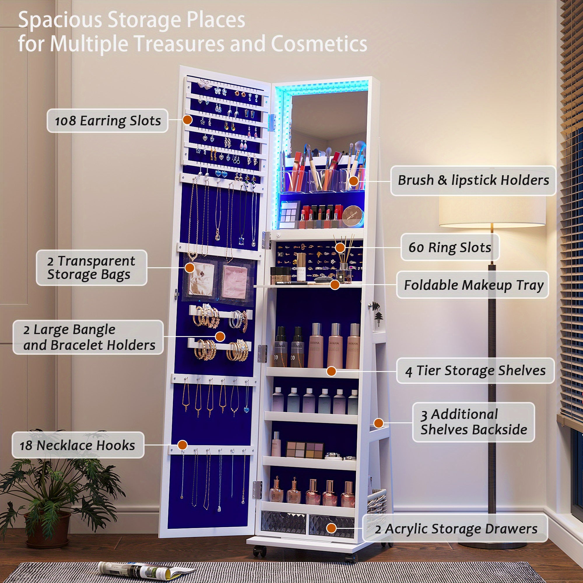 HWB 360° Rotating Jewelry Armoire with Lights, Lockable Mirror Jewelry Cabinet, Standing Full Length Mirror with Jewelry Storage, Large Jewelry Mirror Organizer, Wheels, Foldable Makeup Shelf