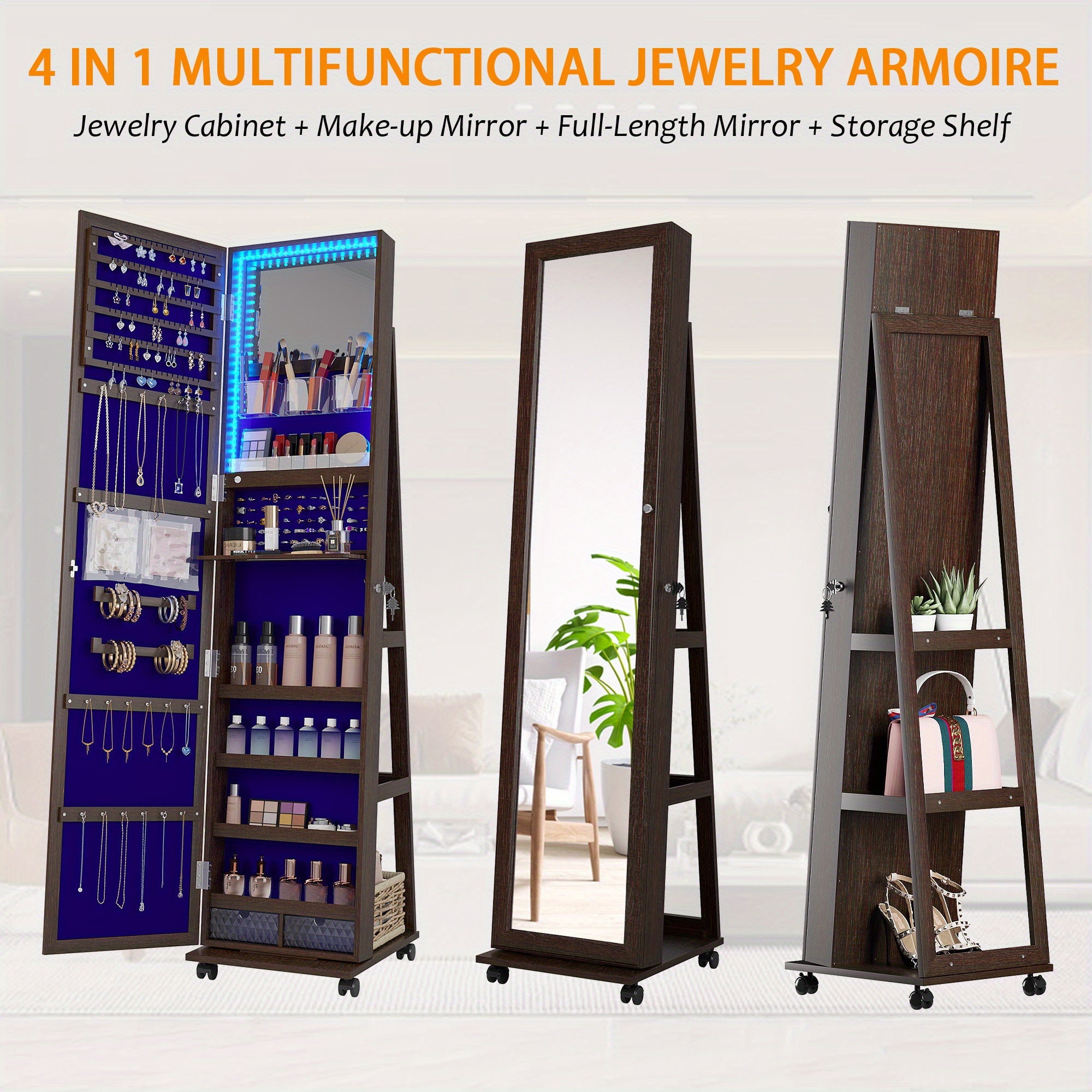 HWB 360° Rotating Jewelry Armoire with Lights, Lockable Mirror Jewelry Cabinet, Standing Full Length Mirror with Jewelry Storage, Large Jewelry Mirror Organizer, Wheels, Foldable Makeup Shelf