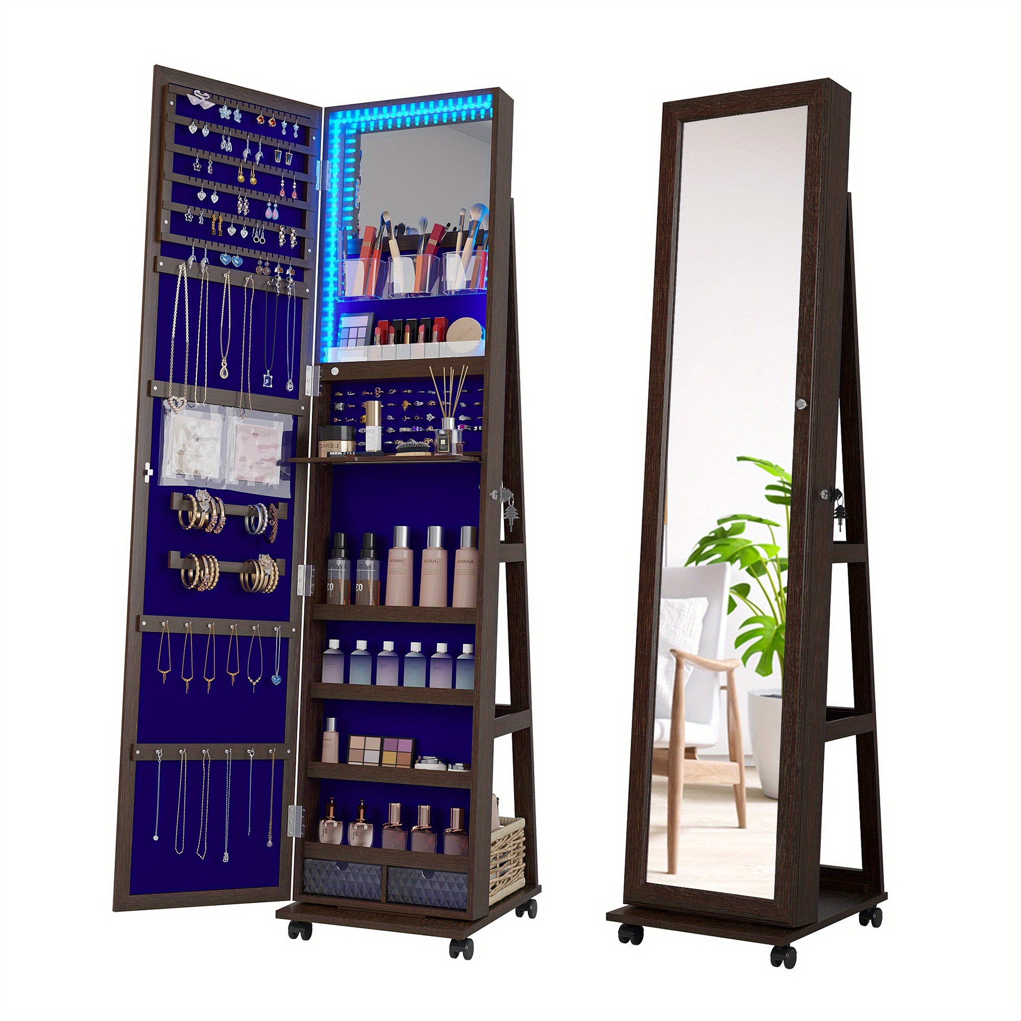 HWB 360° Rotating Jewelry Armoire with Lights, Lockable Mirror Jewelry Cabinet, Standing Full Length Mirror with Jewelry Storage, Large Jewelry Mirror Organizer, Wheels, Foldable Makeup Shelf