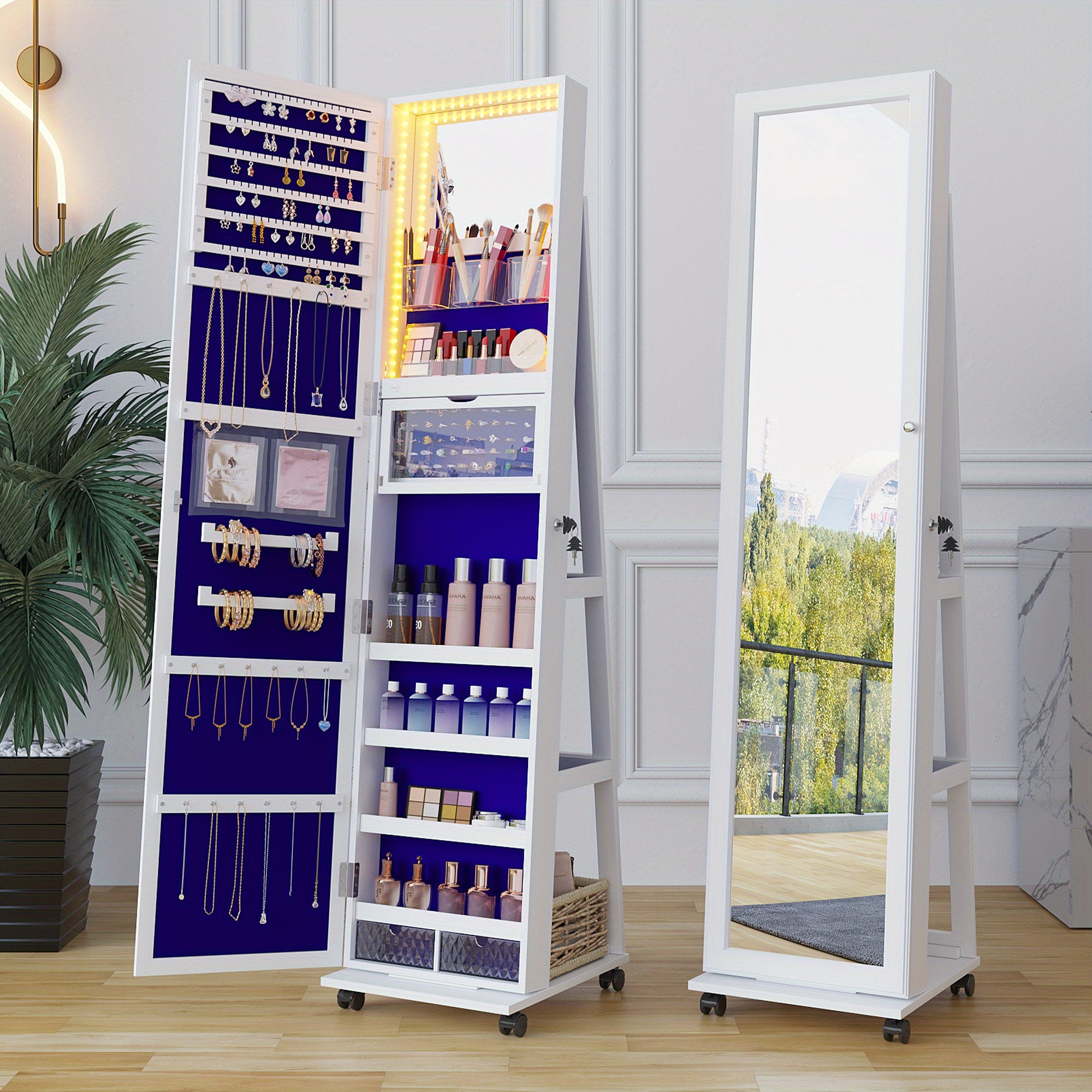 HWB 360° Rotating Jewelry Armoire with Lights, Lockable Mirror Jewelry Cabinet, Standing Full Length Mirror with Jewelry Storage, Large Jewelry Mirror Organizer, Wheels, Foldable Makeup Shelf