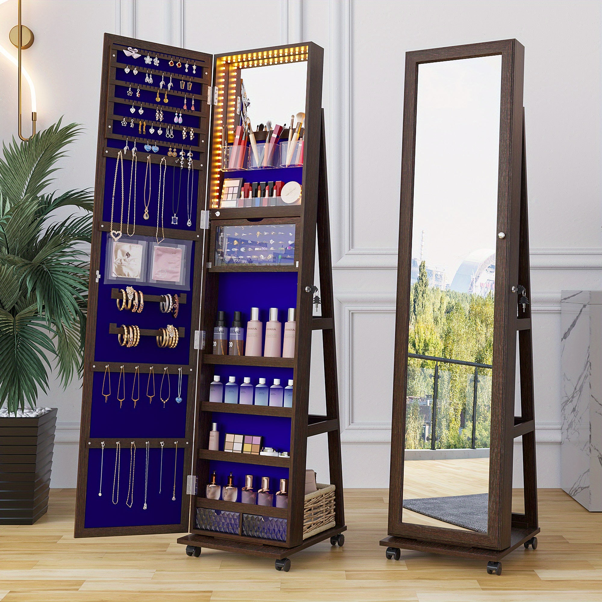 HWB 360° Rotating Jewelry Armoire with Lights, Lockable Mirror Jewelry Cabinet, Standing Full Length Mirror with Jewelry Storage, Large Jewelry Mirror Organizer, Wheels, Foldable Makeup Shelf