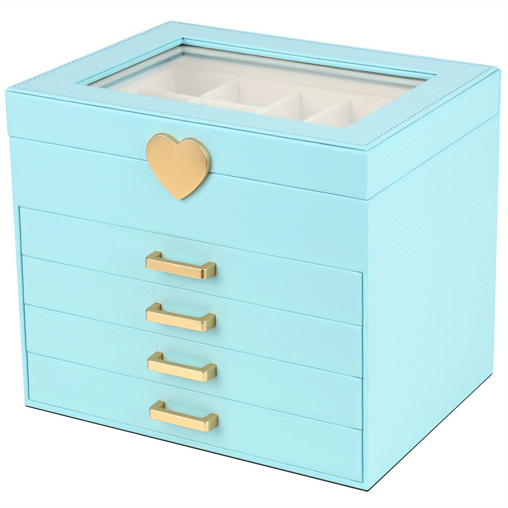 5-Layer Jewelry Organizer Box with Glass Lid & Heart-Shaped PU Leather - White & Golden Contemporary Desktop Storage Case with Soft Lining, Multi-Drawer Organizer for Necklaces, Earrings, Rings, Bracelets - Elegant Gift for s & Women (No Assembly