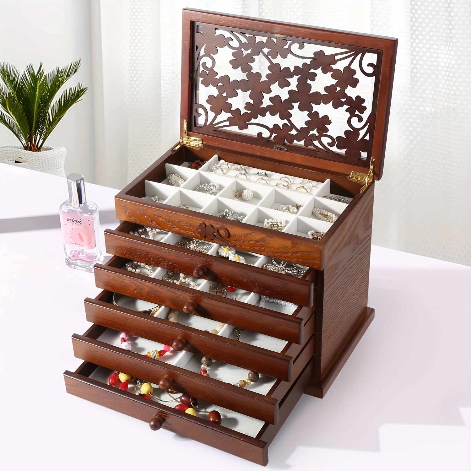 Leaf Pattern Wooden Jewelry Box For Women, Real Wood Jewelry Organizer For Rings, Necklaces, Bracelets, Ideal For Mother'S Day Gifts