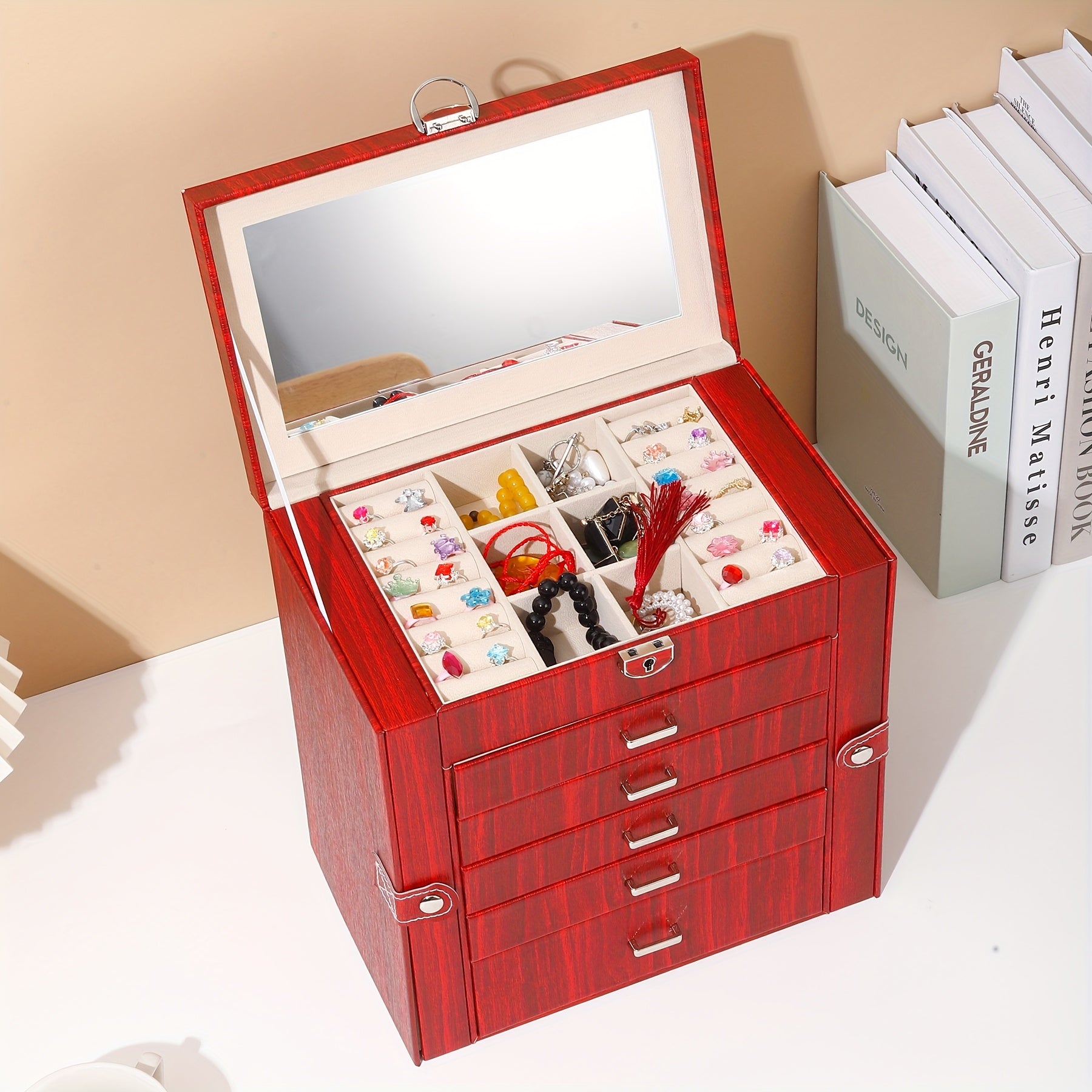 Luxury 6-Layer Faux Leather Jewelry Box with Mirror Lid - Lockable Storage for Watches, Necklaces, Rings & Earrings - Cream Interior, Black Exterior - Perfect Holiday Gift for Thanksgiving, Mother's Day, Graduation, Jewelry Gift Box