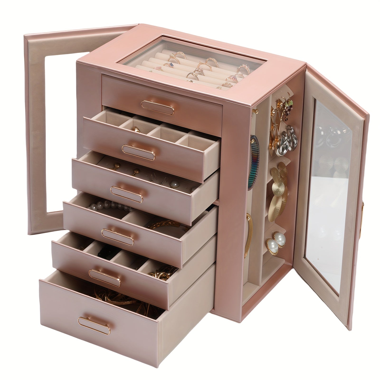 Women'S Jewelry Box - 6-Tier Large Capacity Jewelry Storage Box - Top Transparent Viewing Display Case with 5 Drawers and 2 Side Glass Doors - for Showcasing Jewelry and Organizing - Synthetic Faux Leather Jewelry Storage Box, Jewelry Chests