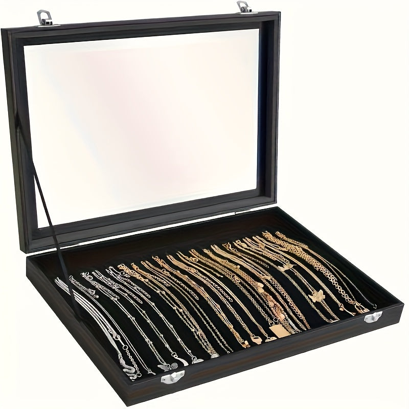 Classic Black Velvet Jewelry Box with Clear Glass Lid, Multi-Compartment for Necklaces and Rings Durable Metal Clasp Ideal Gift or Personal Use