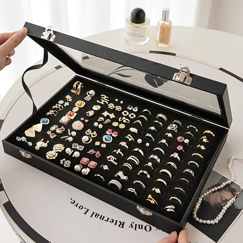 Classic Black Velvet Jewelry Box with Clear Glass Lid, Multi-Compartment for Necklaces and Rings Durable Metal Clasp Ideal Gift or Personal Use