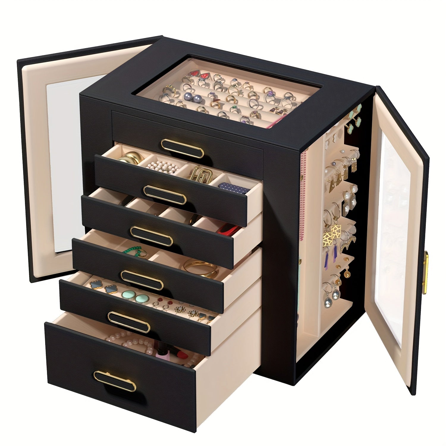 Women'S Jewelry Box - 6-Tier Large Capacity Jewelry Storage Box - Top Transparent Viewing Display Case with 5 Drawers and 2 Side Glass Doors - for Showcasing Jewelry and Organizing - Synthetic Faux Leather Jewelry Storage Box, Jewelry Chests