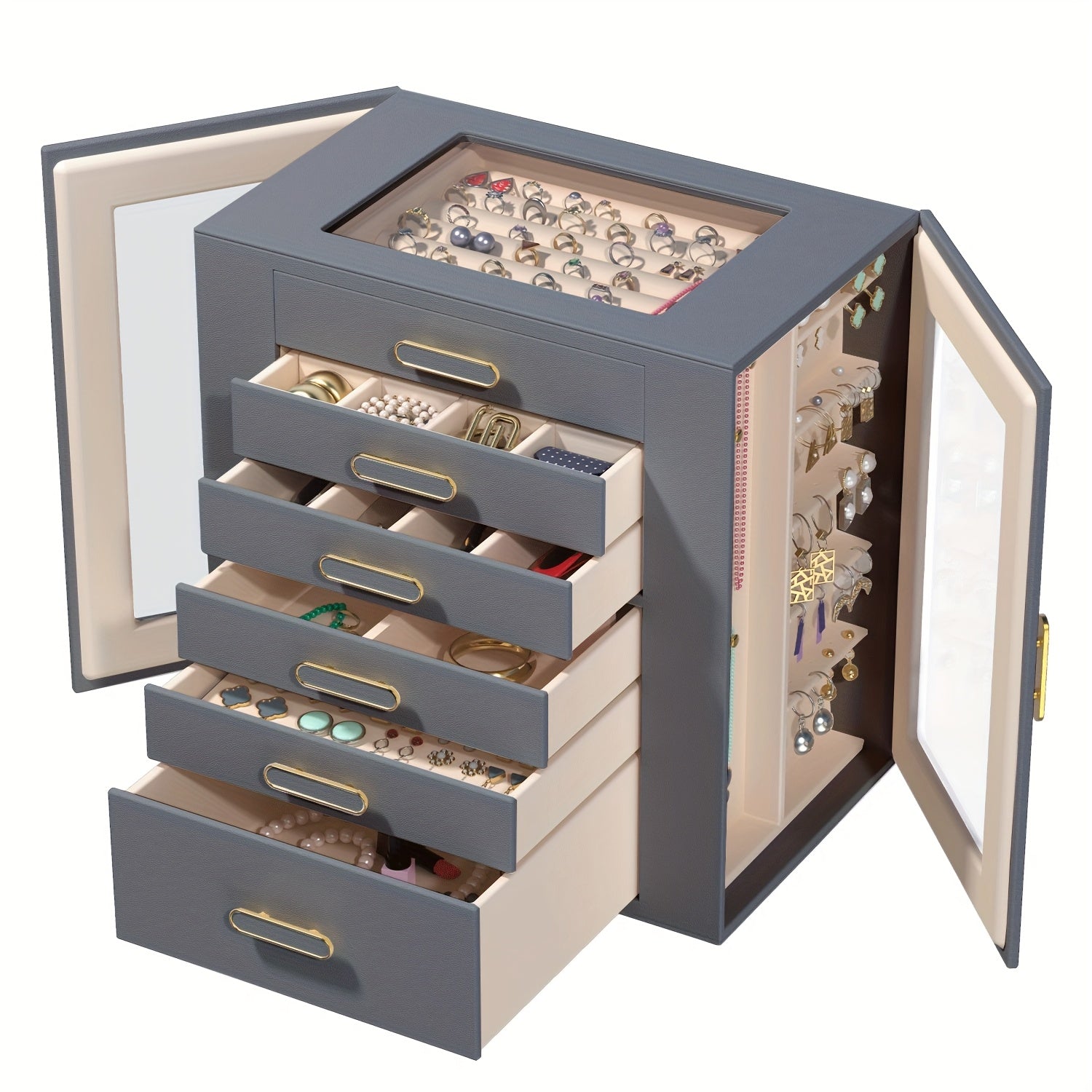 Women'S Jewelry Box - 6-Tier Large Capacity Jewelry Storage Box - Top Transparent Viewing Display Case with 5 Drawers and 2 Side Glass Doors - for Showcasing Jewelry and Organizing - Synthetic Faux Leather Jewelry Storage Box, Jewelry Chests