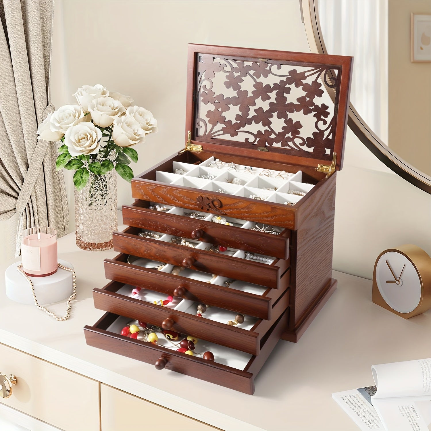 Leaf Pattern Wooden Jewelry Box For Women, Real Wood Jewelry Organizer For Rings, Necklaces, Bracelets, Ideal For Mother'S Day Gifts