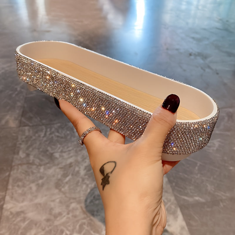 Glam Style Jeweled Oval Tray - Tabletop Plastic Jewelry Box with Glittering Rhinestones, Fabric-Lined, Multipurpose Storage for Perfumes, Skincare, Accessories - No Electricity Needed, Jewelry Boxes