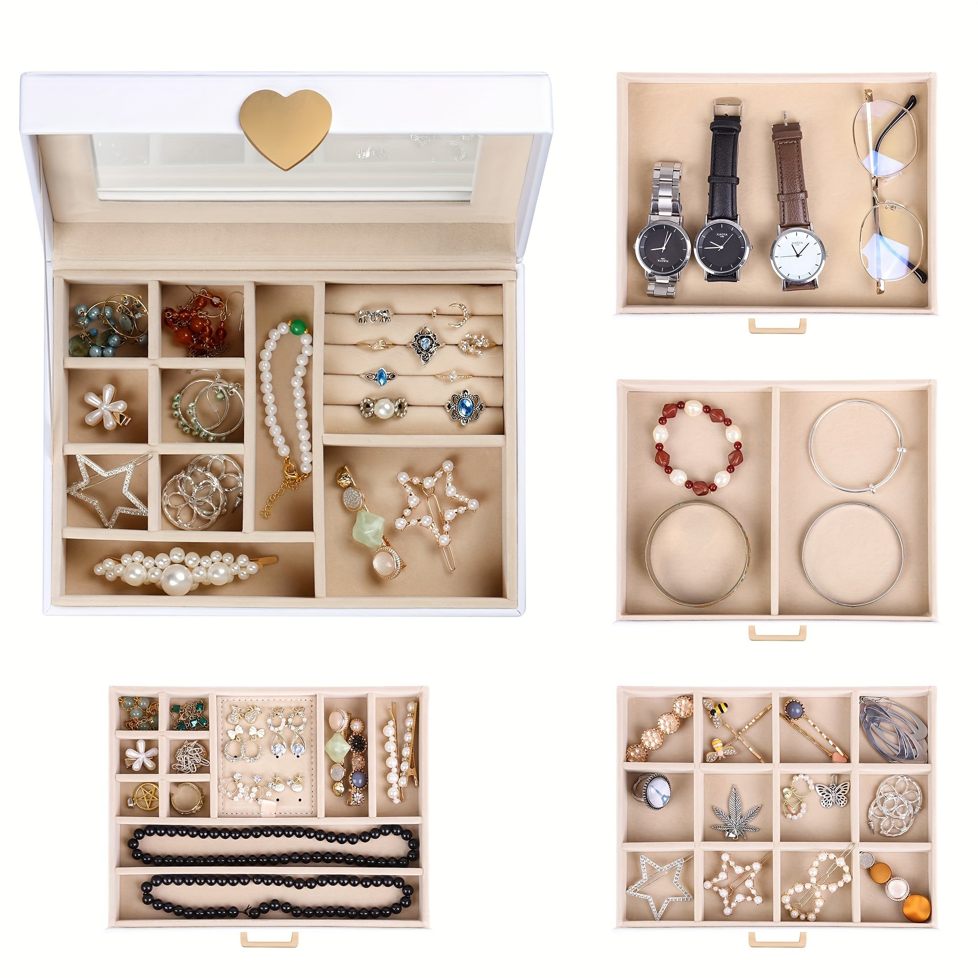 5-Layer Jewelry Organizer Box with Glass Lid & Heart-Shaped PU Leather - White & Golden Contemporary Desktop Storage Case with Soft Lining, Multi-Drawer Organizer for Necklaces, Earrings, Rings, Bracelets - Elegant Gift for s & Women (No Assembly