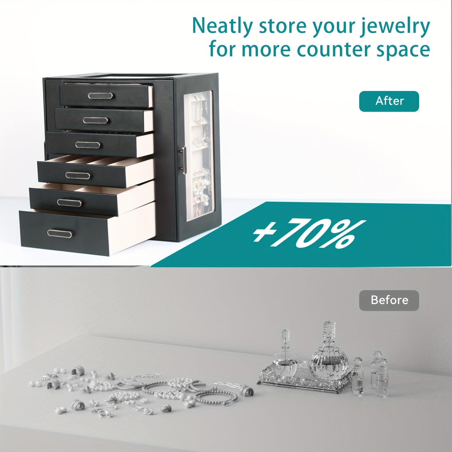 Women'S Jewelry Box - 6-Tier Large Capacity Jewelry Storage Box - Top Transparent Viewing Display Case with 5 Drawers and 2 Side Glass Doors - for Showcasing Jewelry and Organizing - Synthetic Faux Leather Jewelry Storage Box, Jewelry Chests