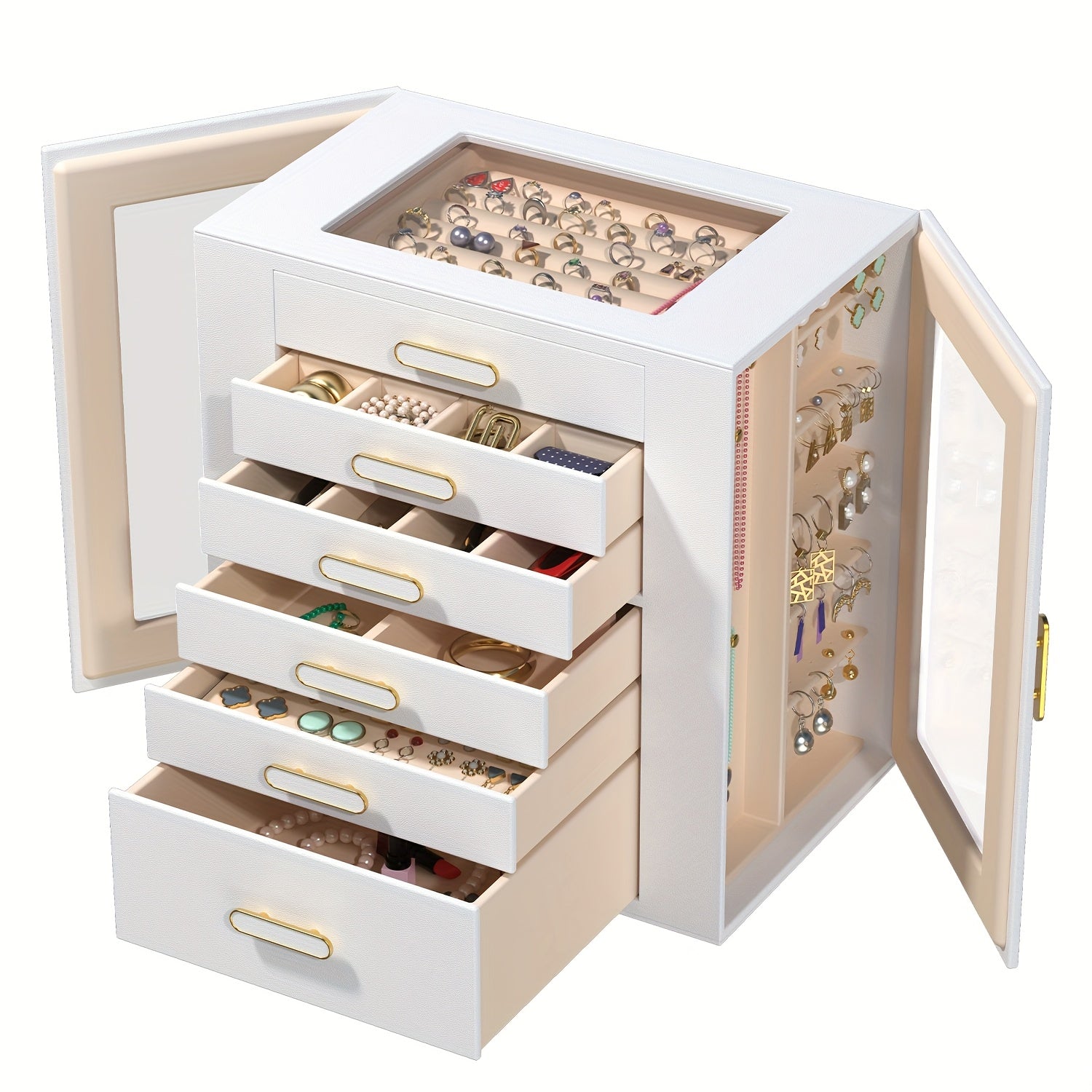 Women'S Jewelry Box - 6-Tier Large Capacity Jewelry Storage Box - Top Transparent Viewing Display Case with 5 Drawers and 2 Side Glass Doors - for Showcasing Jewelry and Organizing - Synthetic Faux Leather Jewelry Storage Box, Jewelry Chests