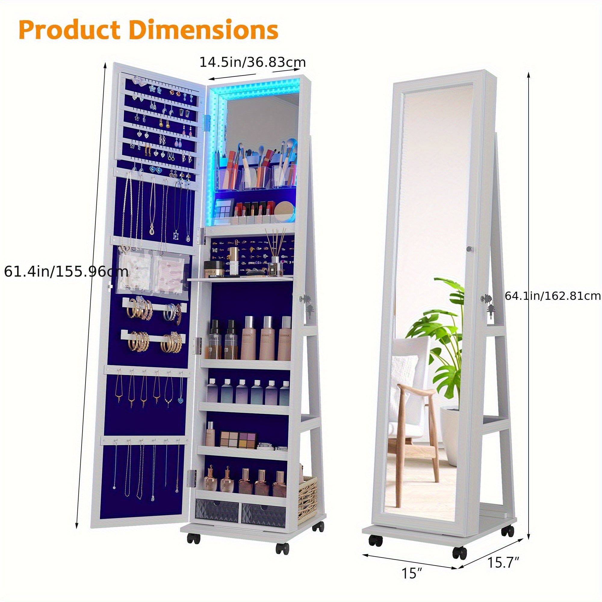HWB 360° Rotating Jewelry Armoire with Lights, Lockable Mirror Jewelry Cabinet, Standing Full Length Mirror with Jewelry Storage, Large Jewelry Mirror Organizer, Wheels, Foldable Makeup Shelf