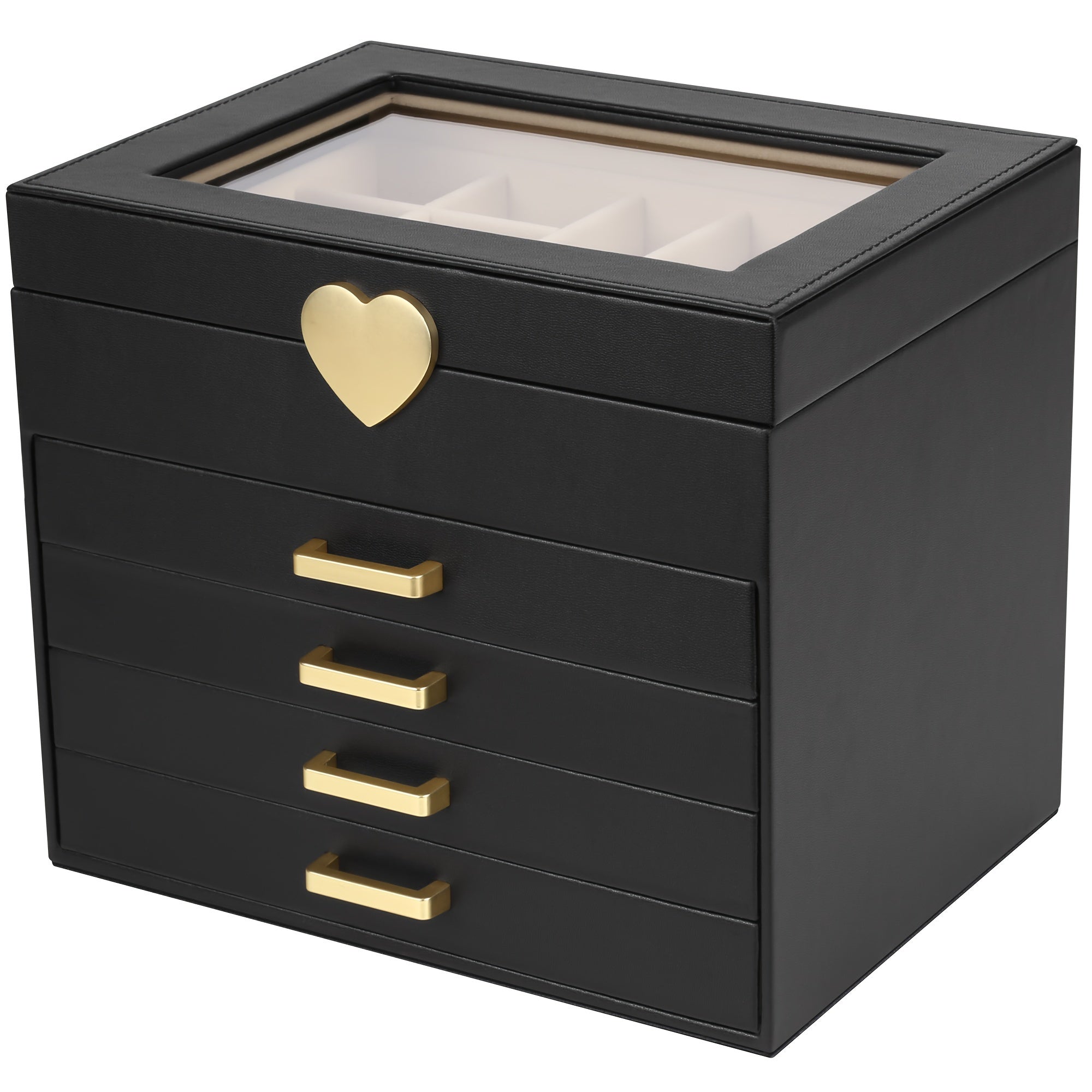 5-Layer Jewelry Organizer Box with Glass Lid & Heart-Shaped PU Leather - White & Golden Contemporary Desktop Storage Case with Soft Lining, Multi-Drawer Organizer for Necklaces, Earrings, Rings, Bracelets - Elegant Gift for s & Women (No Assembly