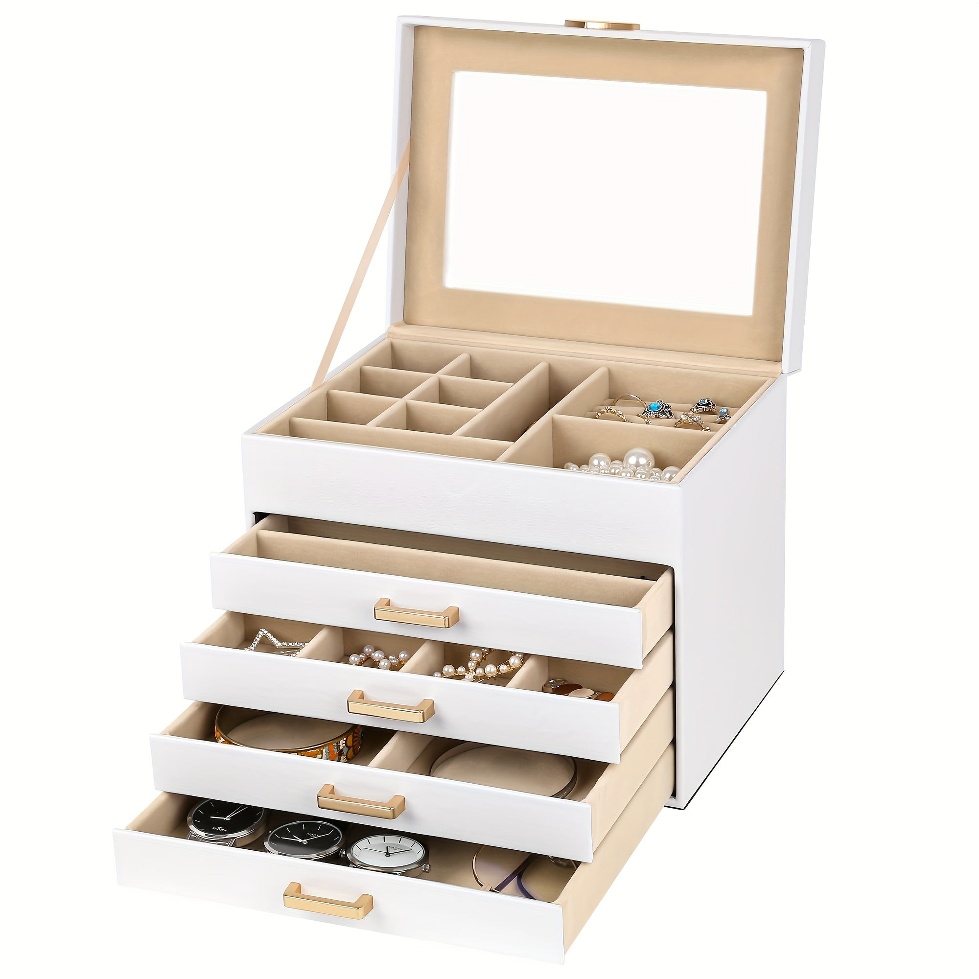 5-Layer Jewelry Organizer Box with Glass Lid & Heart-Shaped PU Leather - White & Golden Contemporary Desktop Storage Case with Soft Lining, Multi-Drawer Organizer for Necklaces, Earrings, Rings, Bracelets - Elegant Gift for s & Women (No Assembly