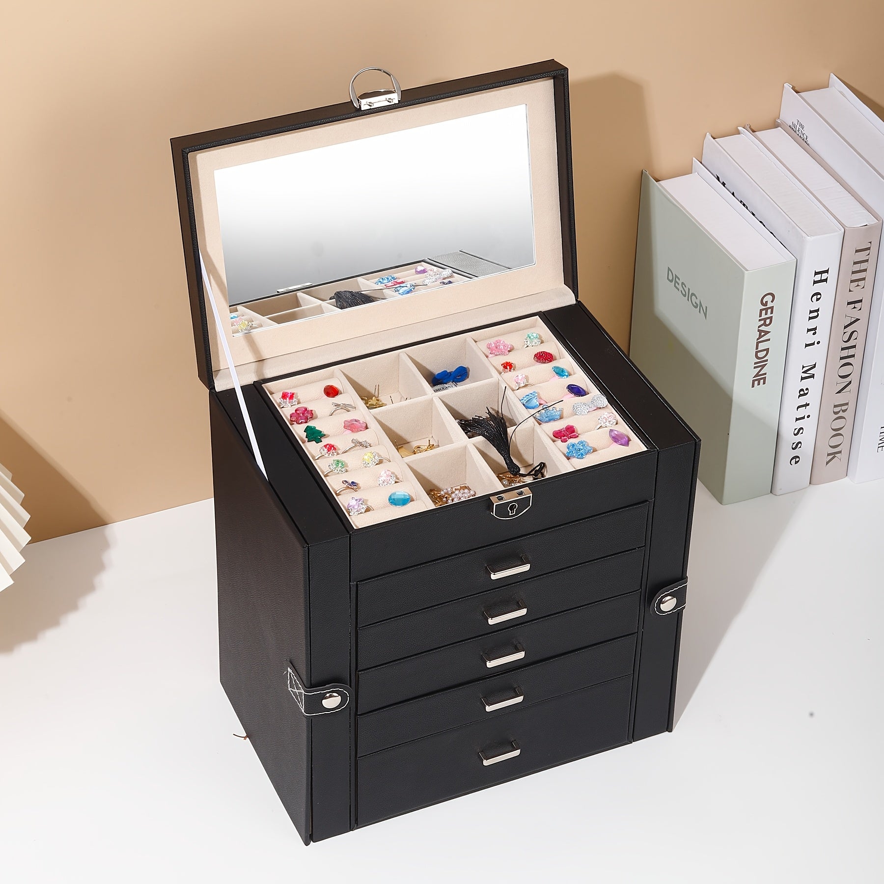 Luxury 6-Layer Faux Leather Jewelry Box with Mirror Lid - Lockable Storage for Watches, Necklaces, Rings & Earrings - Cream Interior, Black Exterior - Perfect Holiday Gift for Thanksgiving, Mother's Day, Graduation, Jewelry Gift Box