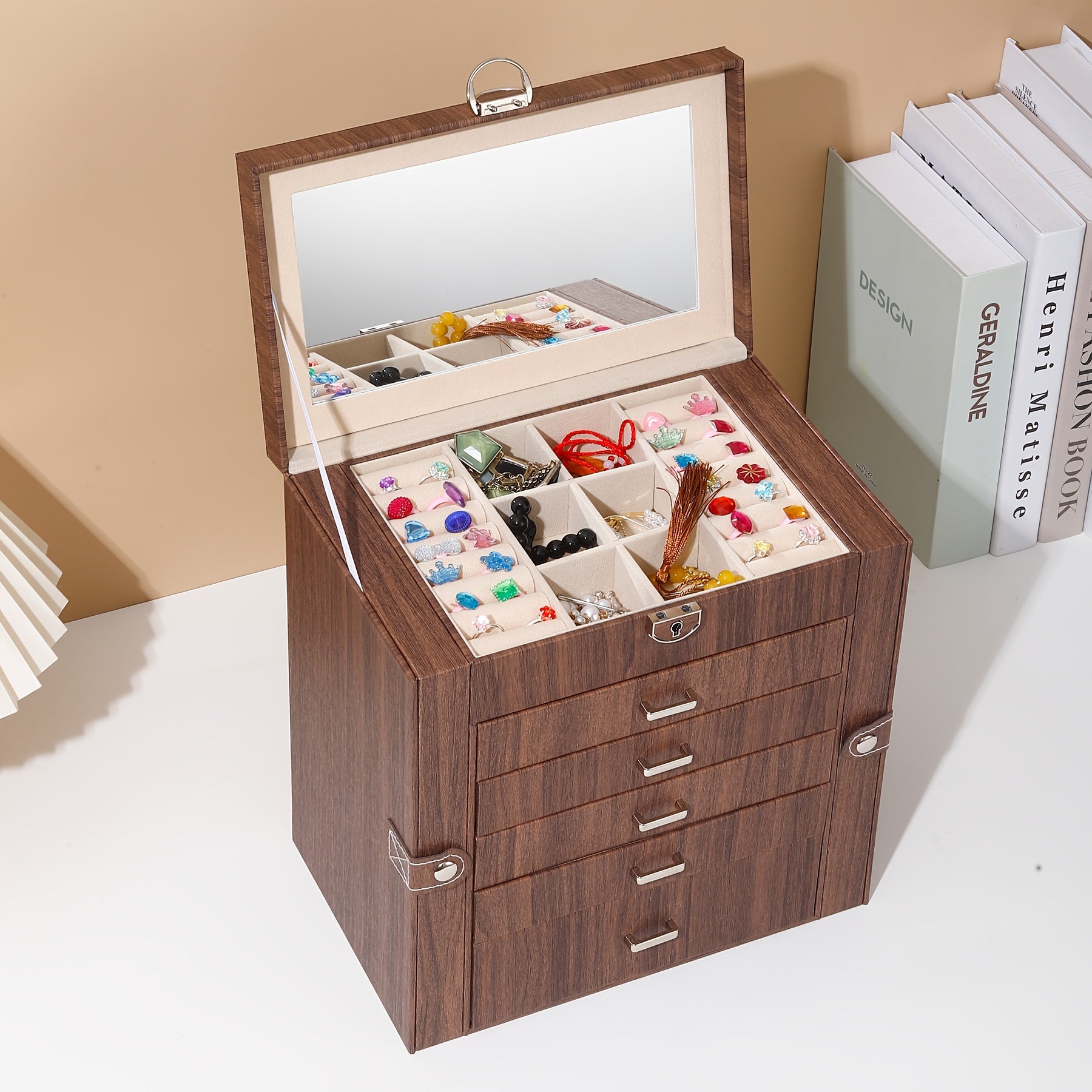 Luxury 6-Layer Faux Leather Jewelry Box with Mirror Lid - Lockable Storage for Watches, Necklaces, Rings & Earrings - Cream Interior, Black Exterior - Perfect Holiday Gift for Thanksgiving, Mother's Day, Graduation, Jewelry Gift Box