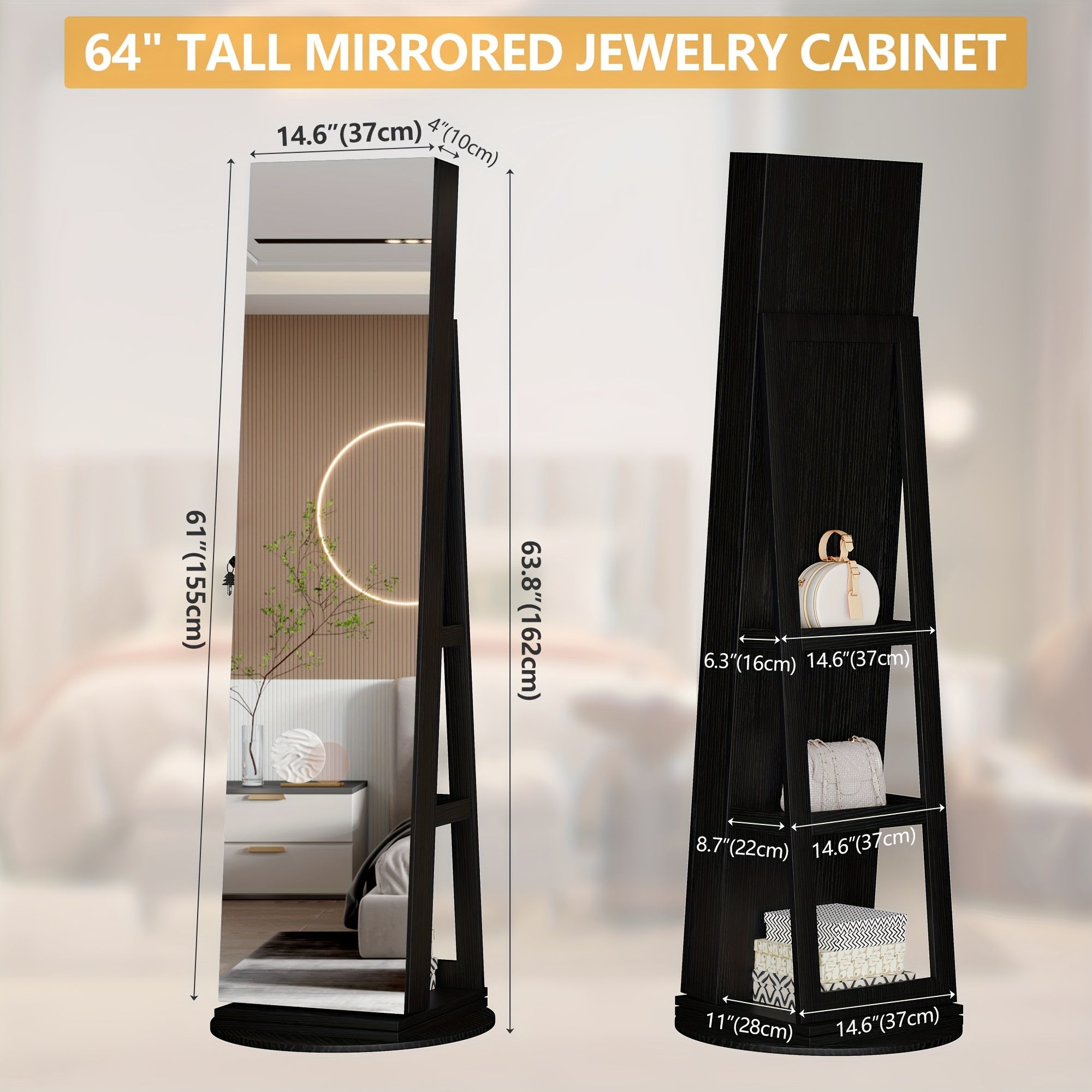 HWB 360° Rotating Jewelry Armoire with Lights, Lockable Mirror Jewelry Cabinet, Standing Full Length Mirror with Jewelry Storage, Large Jewelry Mirror Organizer, Wheels, Foldable Makeup Shelf