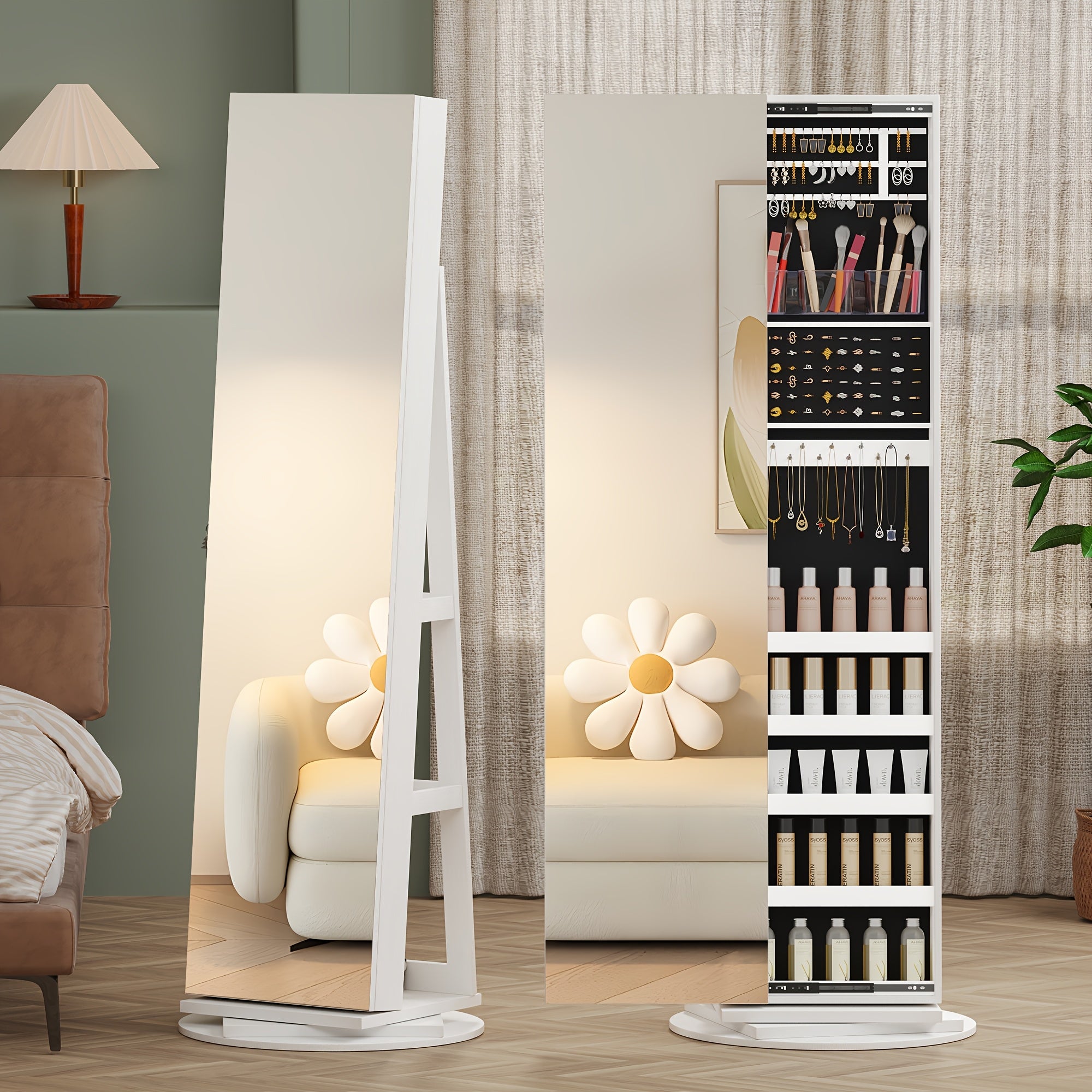 HWB 360° Rotating Jewelry Armoire with Lights, Lockable Mirror Jewelry Cabinet, Standing Full Length Mirror with Jewelry Storage, Large Jewelry Mirror Organizer, Wheels, Foldable Makeup Shelf