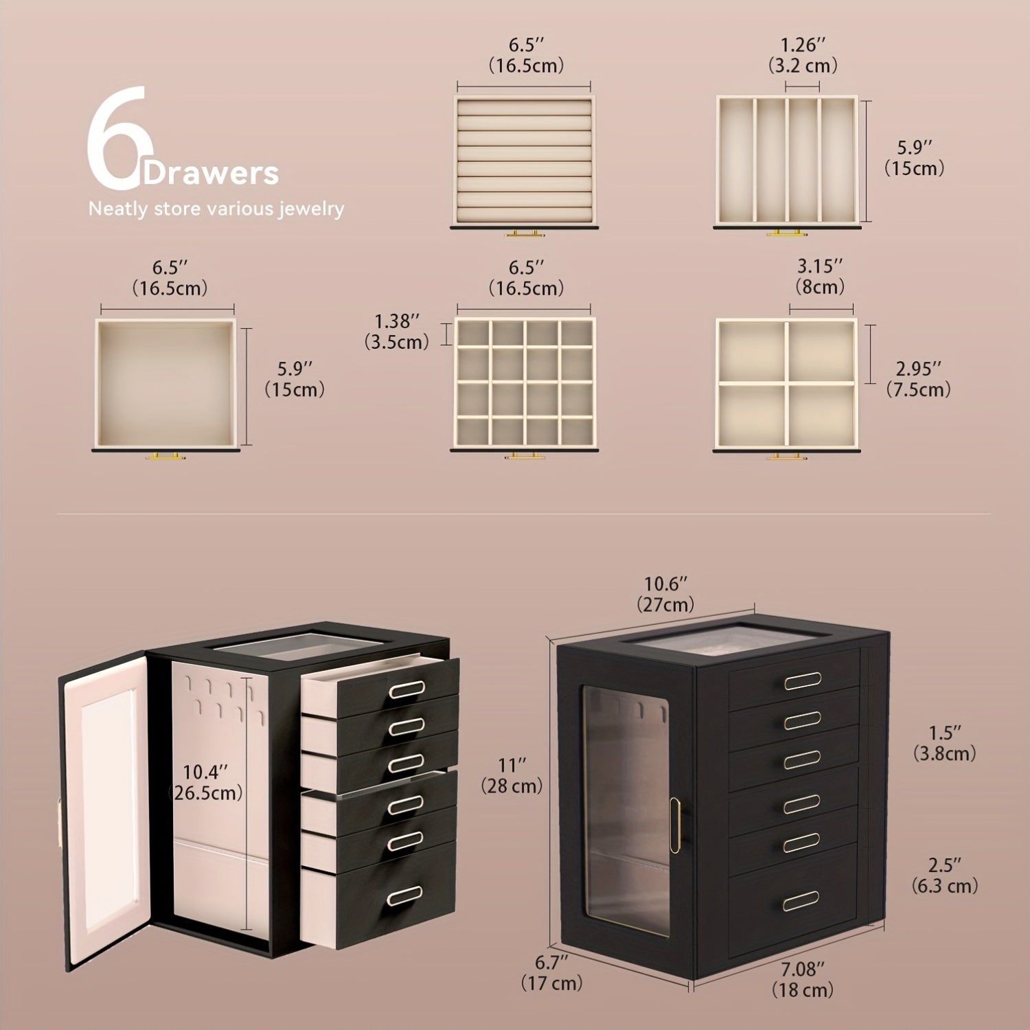 Women'S Jewelry Box - 6-Tier Large Capacity Jewelry Storage Box - Top Transparent Viewing Display Case with 5 Drawers and 2 Side Glass Doors - for Showcasing Jewelry and Organizing - Synthetic Faux Leather Jewelry Storage Box, Jewelry Chests