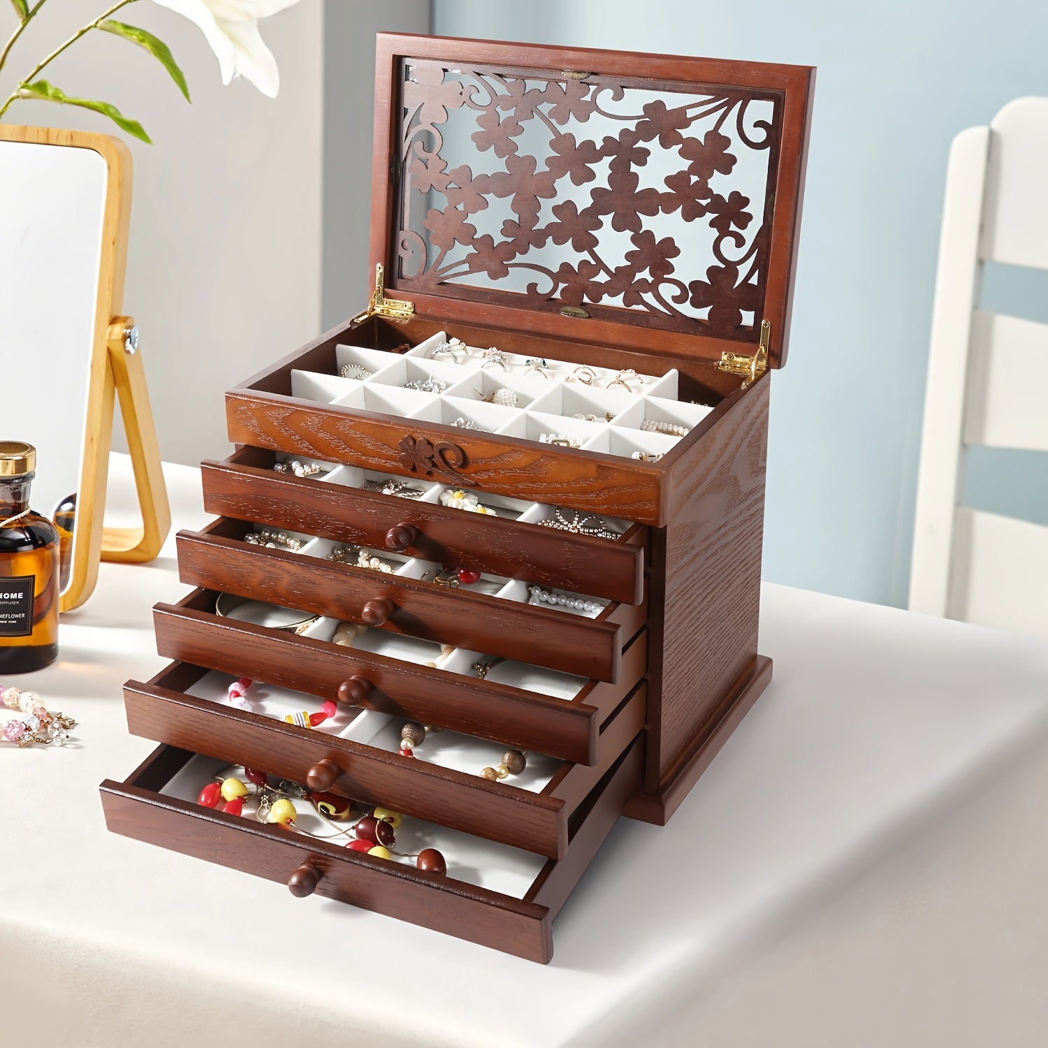Leaf Pattern Wooden Jewelry Box For Women, Real Wood Jewelry Organizer For Rings, Necklaces, Bracelets, Ideal For Mother'S Day Gifts