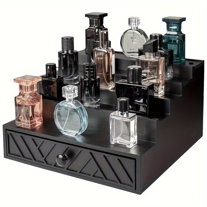 IDUK 5-Tier Solid Wood Cologne Storage Rack with Hidden Drawers & Soft Velvet-Lined Interior - Black Modern Vanity Organizer with Decorative Patterns, Multi-Purpose Display Stand for Perfume, Skincare, Jewelry & Accessories - Space-Saving Bathroom &