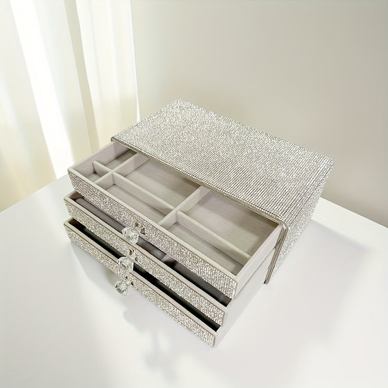 A Jewelry Box with Three Drawers Filled with Rhinestones, Available in Two Colors, Perfect for Beauty Enthusiasts, Jewelry Boxes