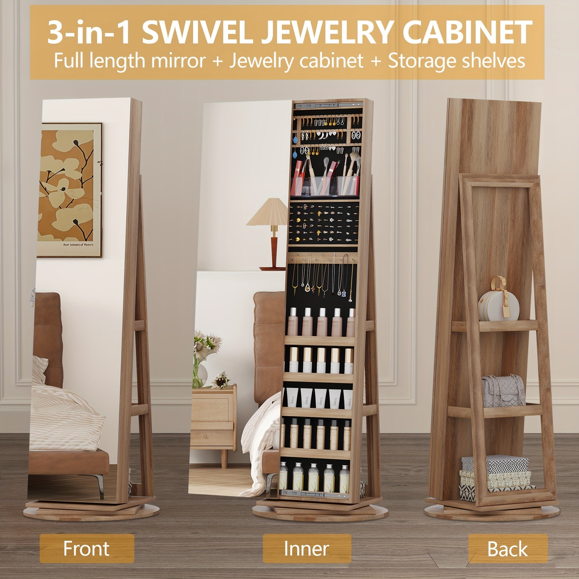 HWB 360° Rotating Jewelry Armoire with Lights, Lockable Mirror Jewelry Cabinet, Standing Full Length Mirror with Jewelry Storage, Large Jewelry Mirror Organizer, Wheels, Foldable Makeup Shelf