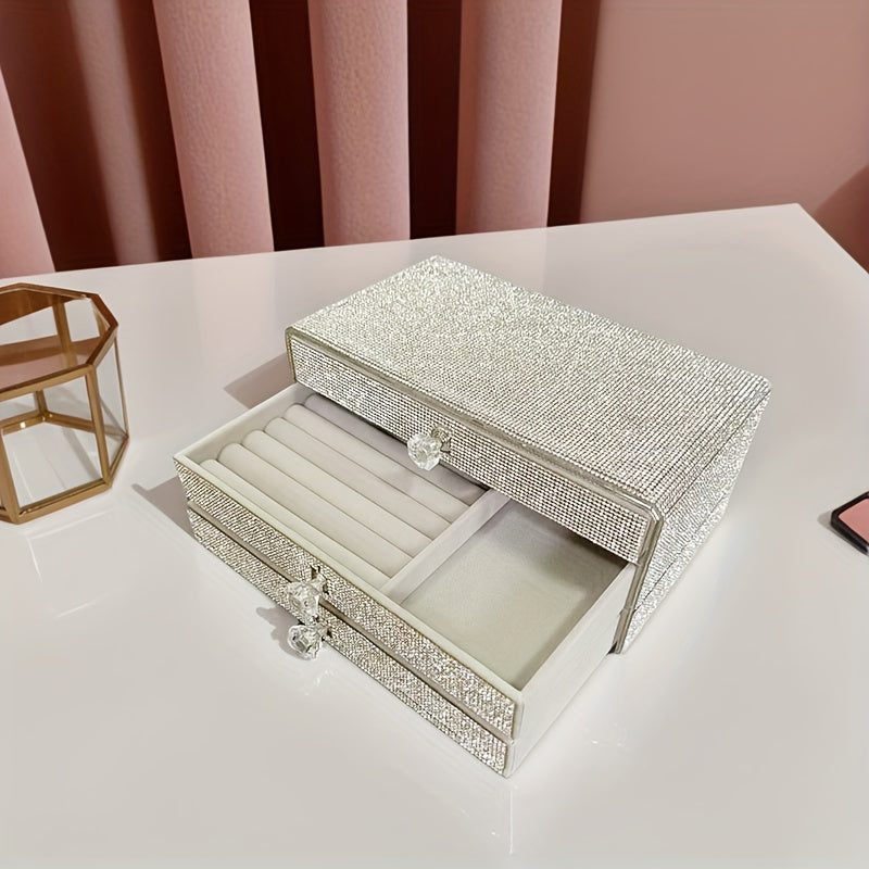 A Jewelry Box with Three Drawers Filled with Rhinestones, Available in Two Colors, Perfect for Beauty Enthusiasts, Jewelry Boxes