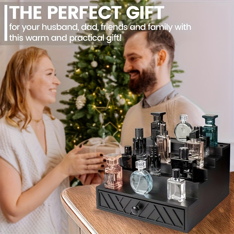 IDUK 5-Tier Solid Wood Cologne Storage Rack with Hidden Drawers & Soft Velvet-Lined Interior - Black Modern Vanity Organizer with Decorative Patterns, Multi-Purpose Display Stand for Perfume, Skincare, Jewelry & Accessories - Space-Saving Bathroom &