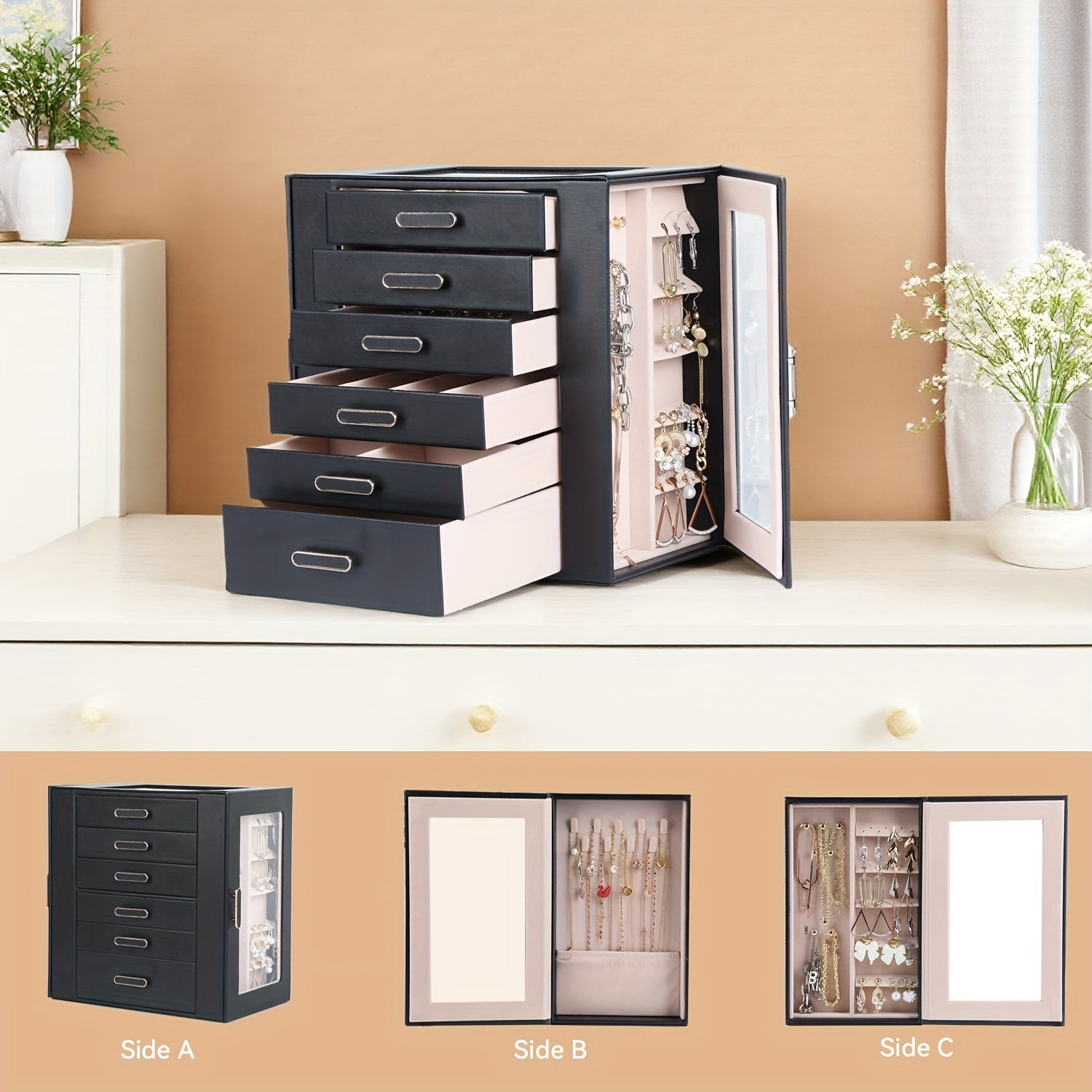Women'S Jewelry Box - 6-Tier Large Capacity Jewelry Storage Box - Top Transparent Viewing Display Case with 5 Drawers and 2 Side Glass Doors - for Showcasing Jewelry and Organizing - Synthetic Faux Leather Jewelry Storage Box, Jewelry Chests