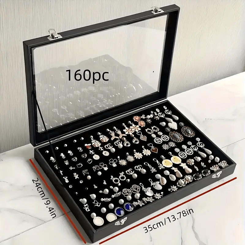 Classic Black Velvet Jewelry Box with Clear Glass Lid, Multi-Compartment for Necklaces and Rings Durable Metal Clasp Ideal Gift or Personal Use