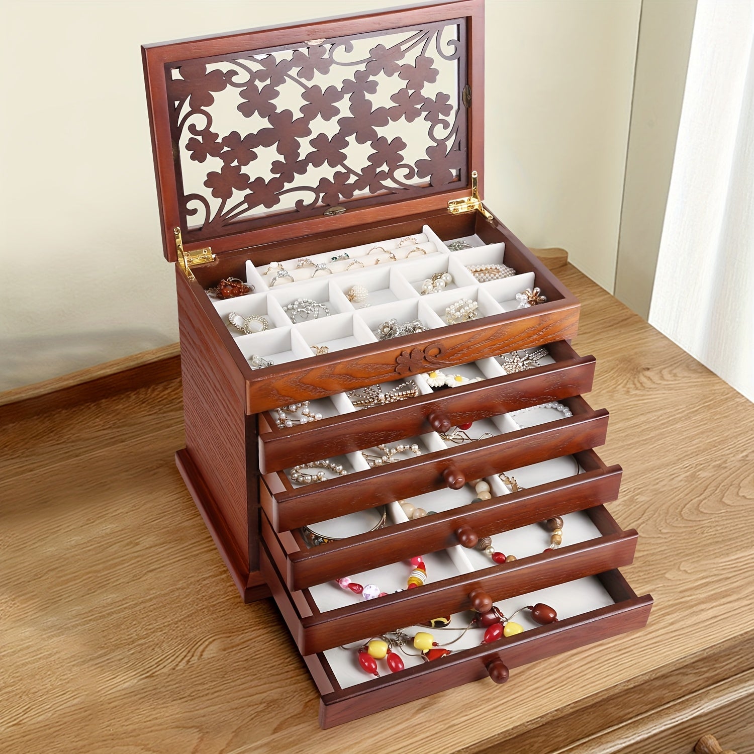 Leaf Pattern Wooden Jewelry Box For Women, Real Wood Jewelry Organizer For Rings, Necklaces, Bracelets, Ideal For Mother'S Day Gifts