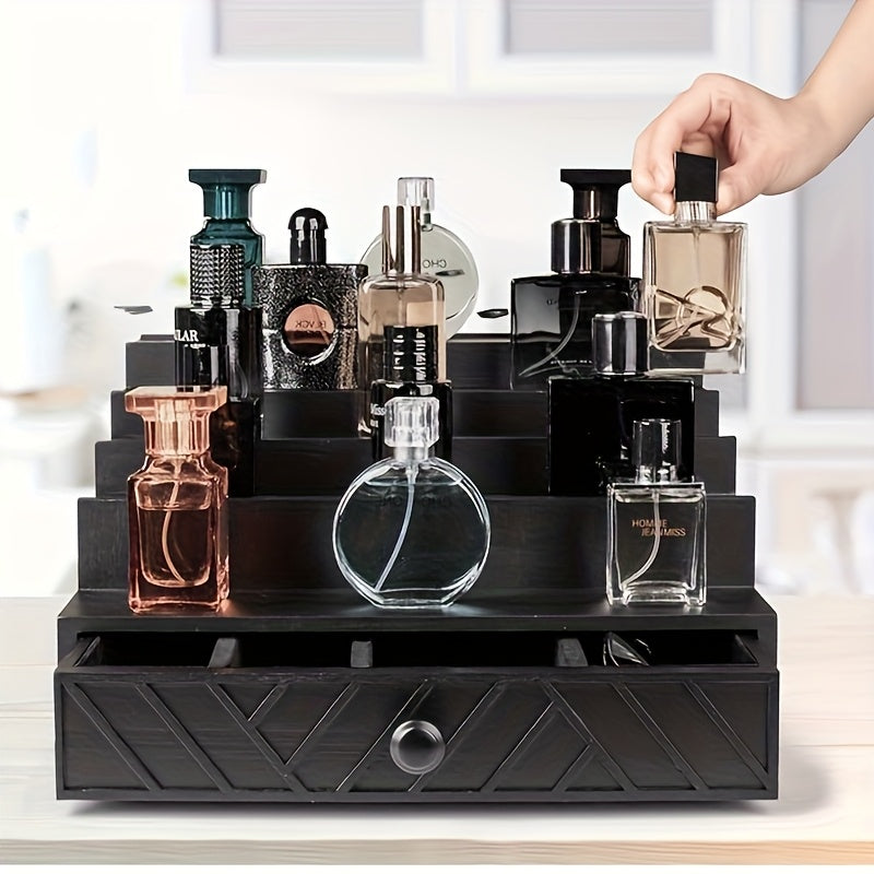 IDUK 5-Tier Solid Wood Cologne Storage Rack with Hidden Drawers & Soft Velvet-Lined Interior - Black Modern Vanity Organizer with Decorative Patterns, Multi-Purpose Display Stand for Perfume, Skincare, Jewelry & Accessories - Space-Saving Bathroom &
