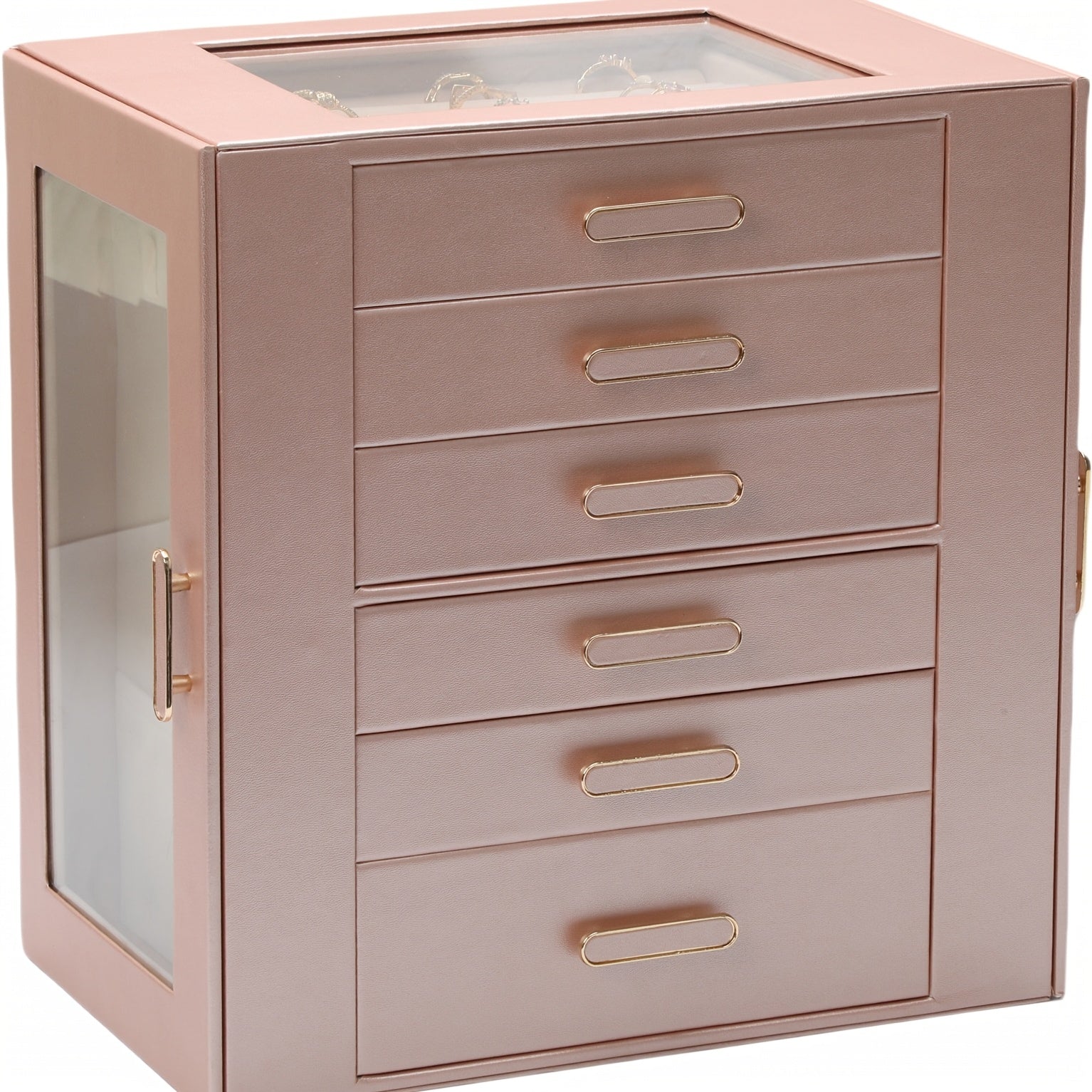 Women'S Jewelry Box - 6-Tier Large Capacity Jewelry Storage Box - Top Transparent Viewing Display Case with 5 Drawers and 2 Side Glass Doors - for Showcasing Jewelry and Organizing - Synthetic Faux Leather Jewelry Storage Box, Jewelry Chests