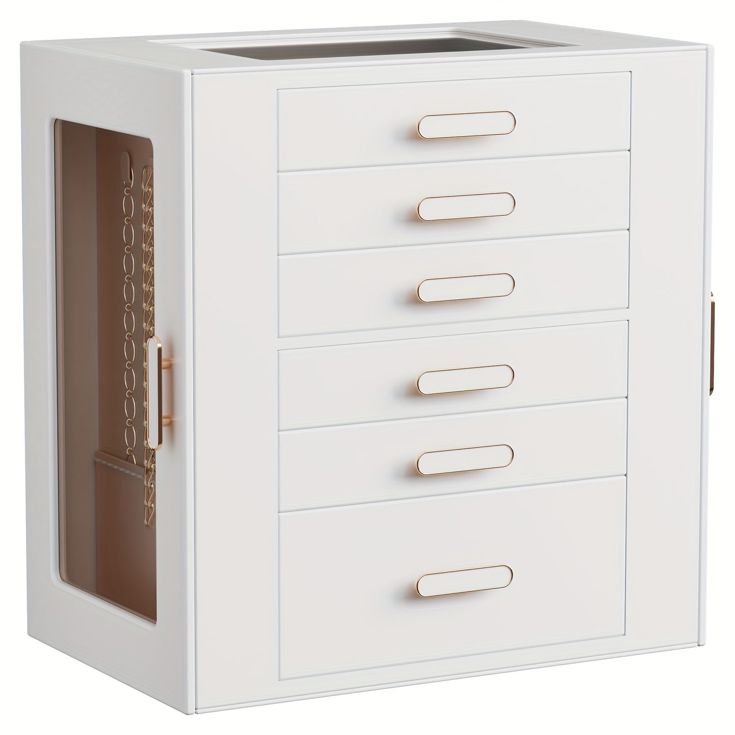 Women'S Jewelry Box - 6-Tier Large Capacity Jewelry Storage Box - Top Transparent Viewing Display Case with 5 Drawers and 2 Side Glass Doors - for Showcasing Jewelry and Organizing - Synthetic Faux Leather Jewelry Storage Box, Jewelry Chests