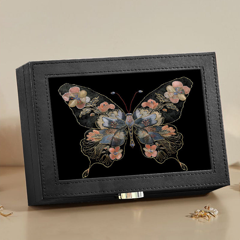 1pc Vintage-Style Embroidered Butterfly Jewelry Organizer Box - Faux Leather, Multi-Compartment Storage for Earrings, Rings, Necklaces - Ideal Gift for Mother'S Day, Valentine's, Christmas, Thanksgiving, Butterfly Jewelry, Jewelry Boxes