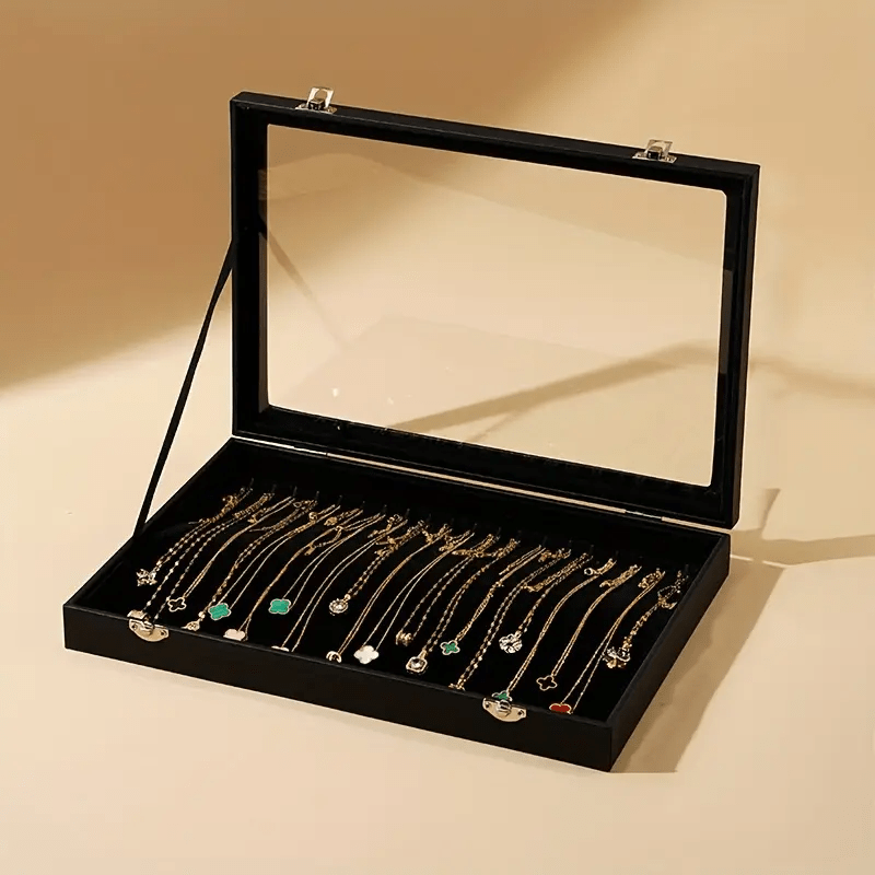Classic Black Velvet Jewelry Box with Clear Glass Lid, Multi-Compartment for Necklaces and Rings Durable Metal Clasp Ideal Gift or Personal Use