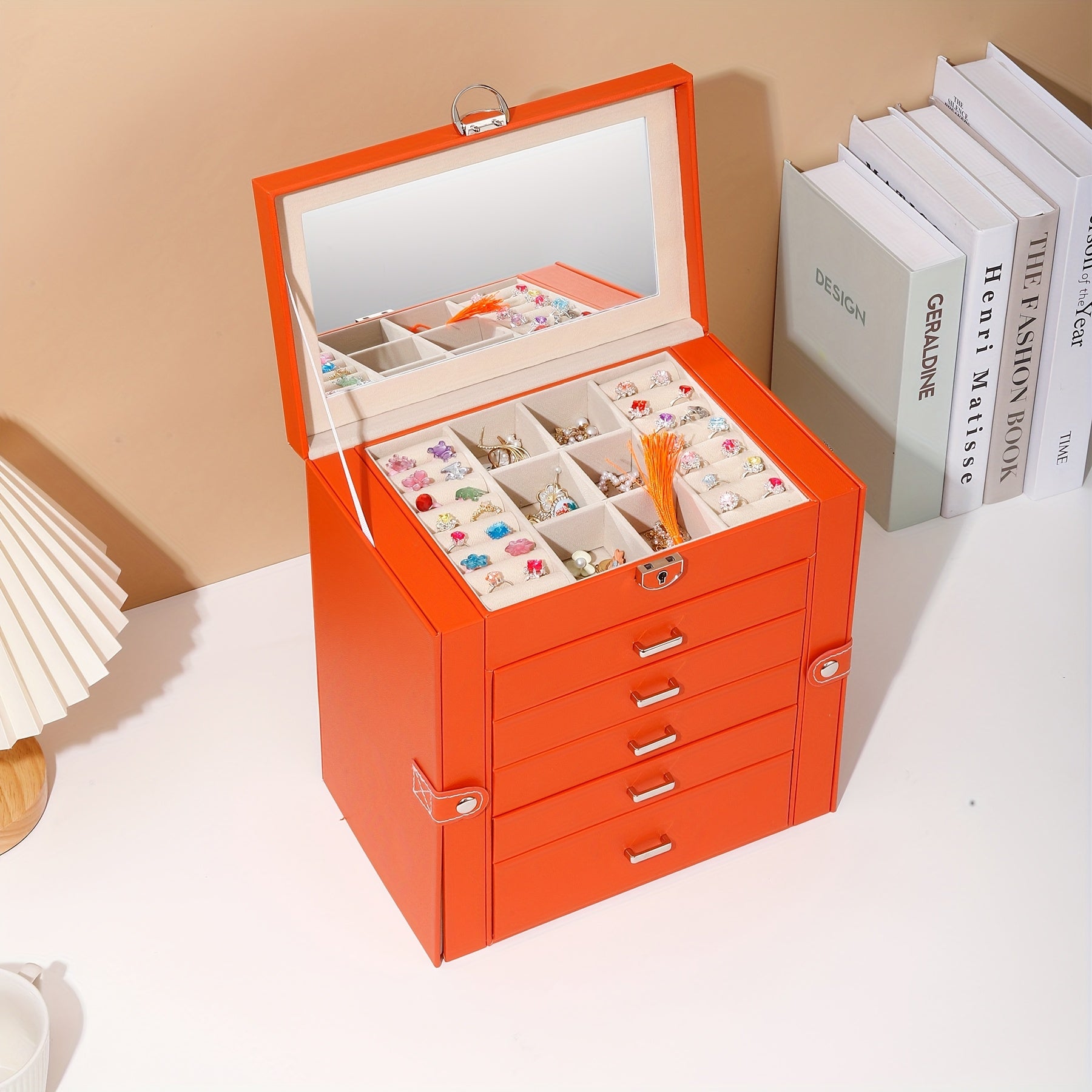 Luxury 6-Layer Faux Leather Jewelry Box with Mirror Lid - Lockable Storage for Watches, Necklaces, Rings & Earrings - Cream Interior, Black Exterior - Perfect Holiday Gift for Thanksgiving, Mother's Day, Graduation, Jewelry Gift Box