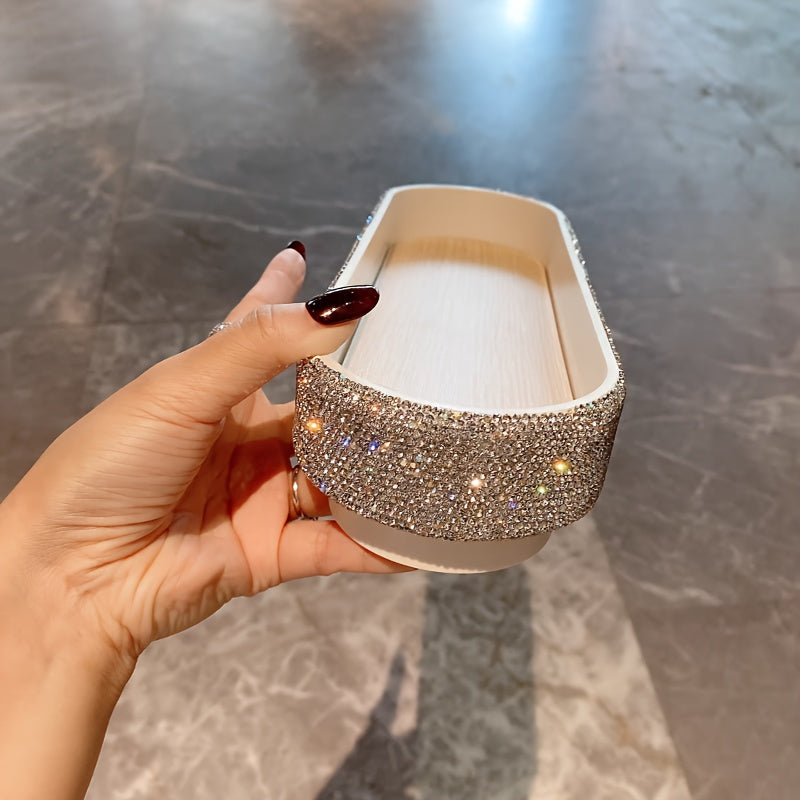 Glam Style Jeweled Oval Tray - Tabletop Plastic Jewelry Box with Glittering Rhinestones, Fabric-Lined, Multipurpose Storage for Perfumes, Skincare, Accessories - No Electricity Needed, Jewelry Boxes